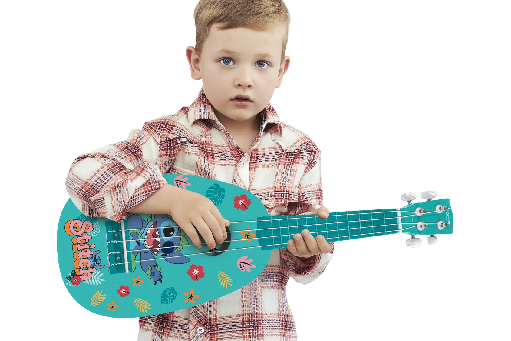 Lexibook, Disney Stitch, Il mio primo ukulele di legno, 4 corde di nylon, 53 cm, guida inclusa, Blu, K230D