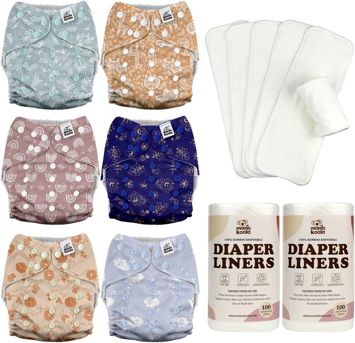 Mama Koala 3.0 Baby Cloth Diapers with 6 Inserts Bundle, with 2 Rolls Disposable Natural Liners