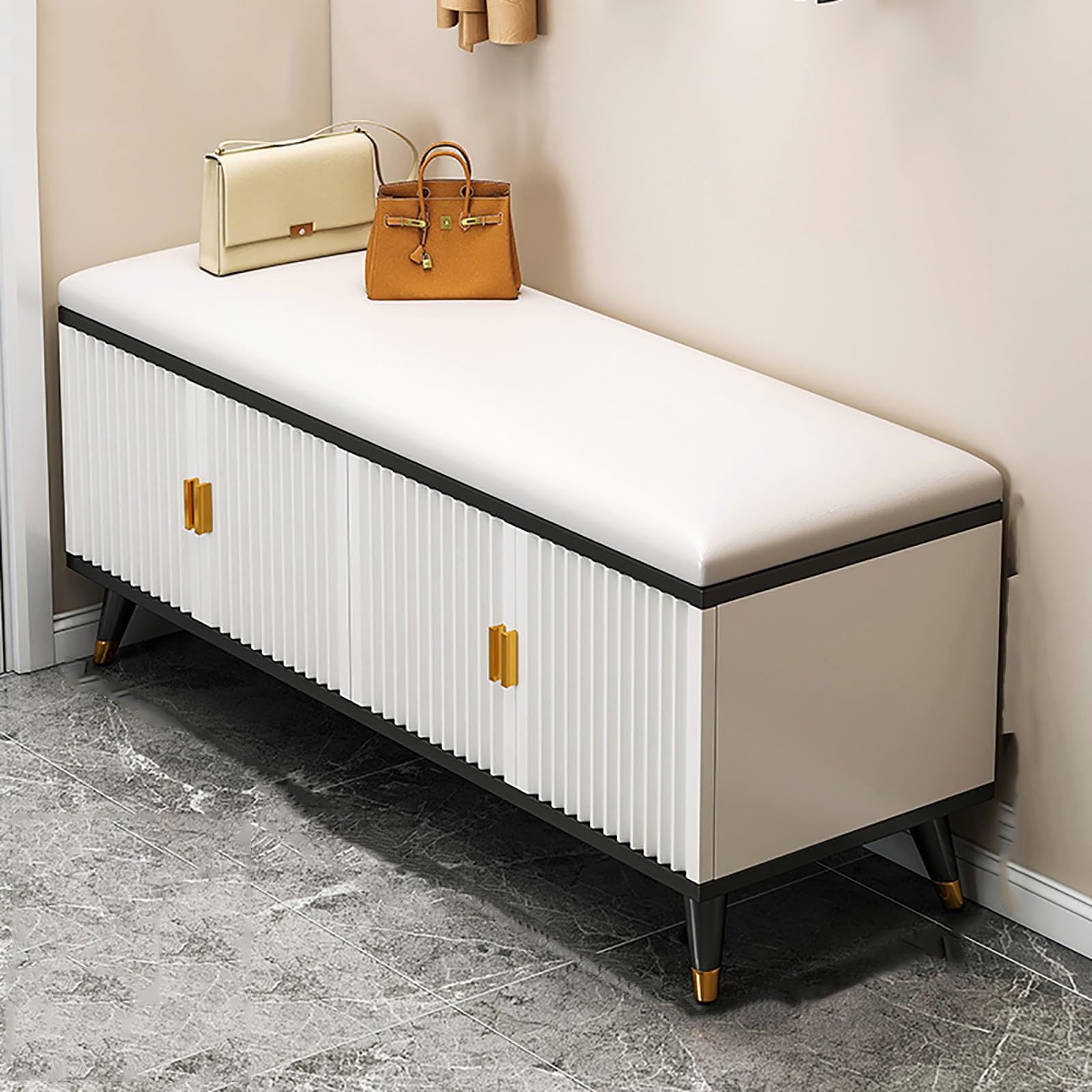 Rangement mince avec portes pour talons hauts et banc ottoman d'entrée noir doré