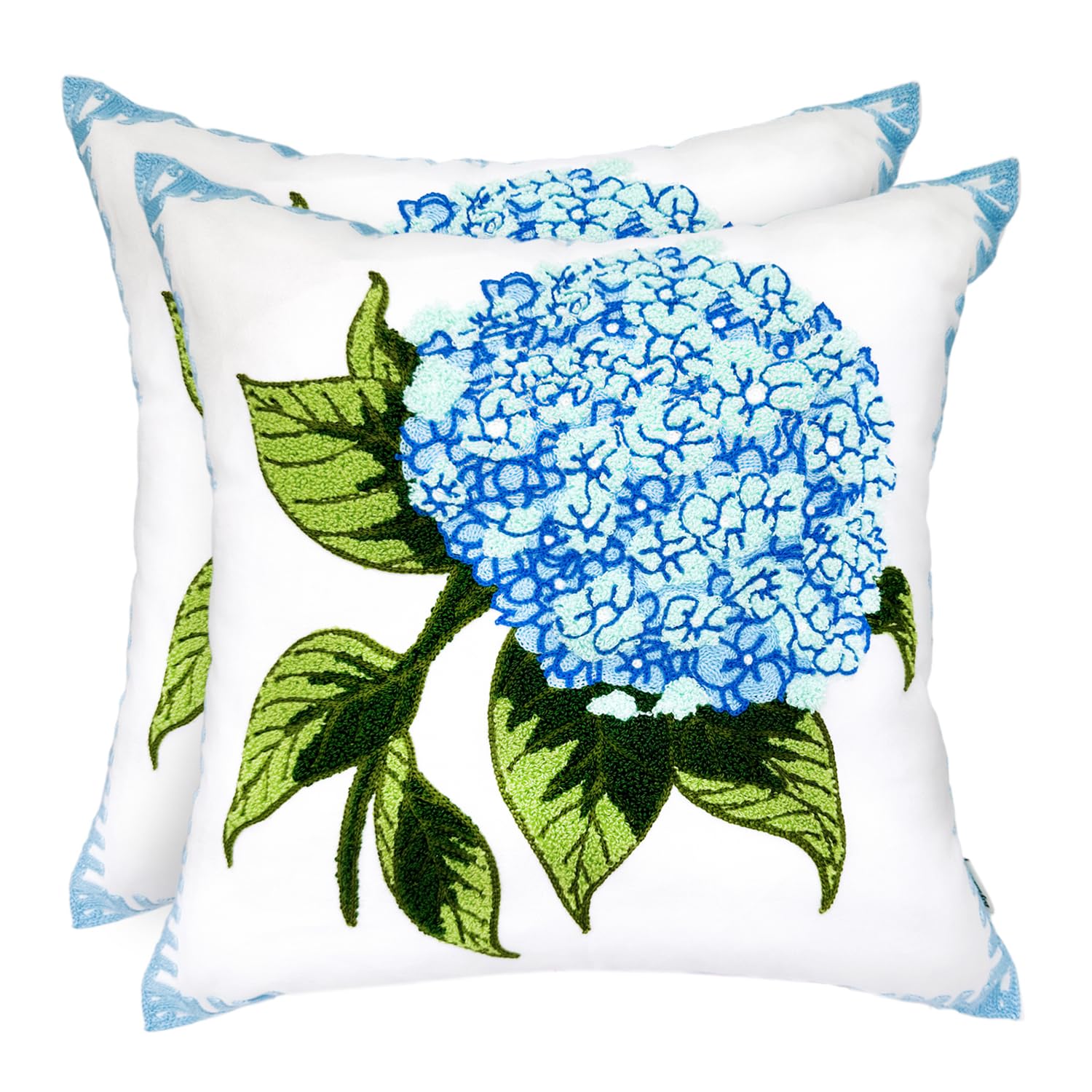 Alysheer Spring Hydrangea Embroidered Decorative Throw Pillow Covers 18"x 18" Set of 2, Summer Blue Green Floral Tufted Patterned Cotton Cushion Cases