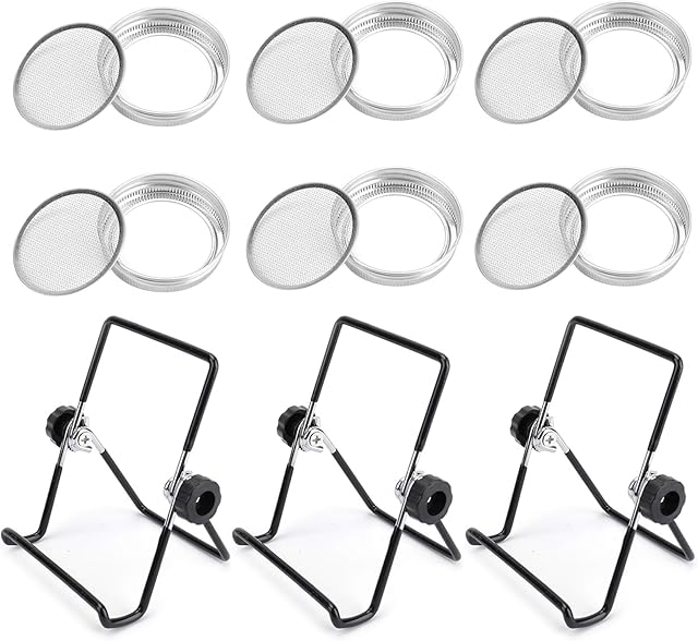 Jucoan 9 Pack 86mm Wide Mouth Sprouting Kit, 6 Pieces Stainless Steel Sprouting Lids for Wide and Reguar Canning Jar, 3 Pieces Stainless Steel Stand