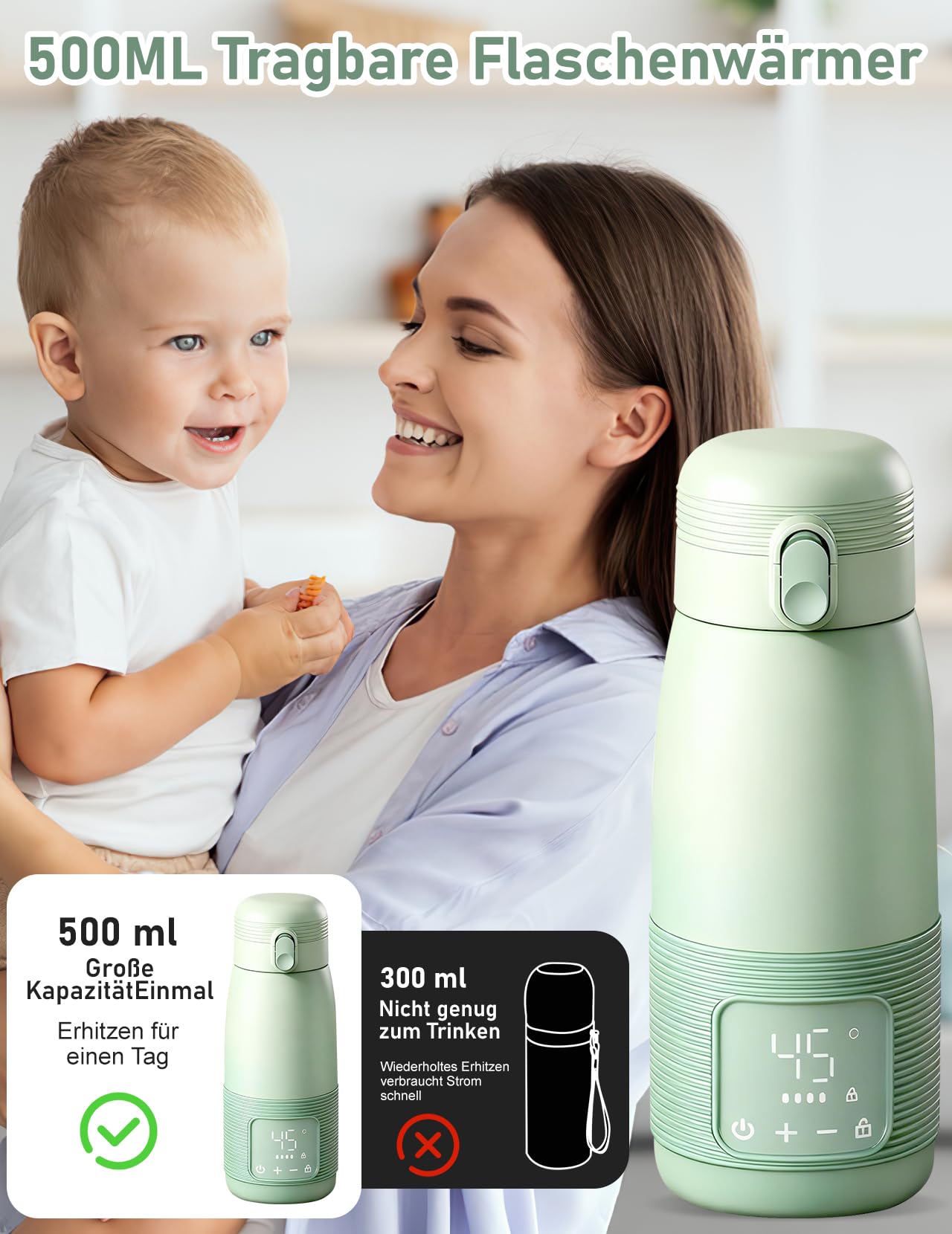 Tragbarer Flaschenwärmer, 500ml Flaschenwärmer Baby Unterwegs Präzise Temperaturkontrolle 37 Bis 55 Grad Einstellbar für Reisen Nachtfütterung (Grün)