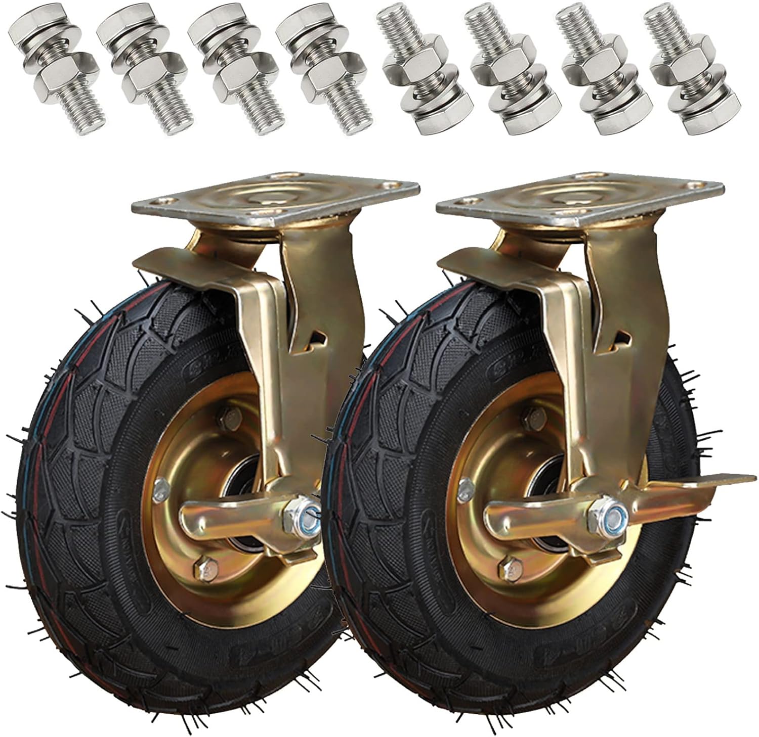 WORDFUN 2pcs Heavy Duty Caster With Side Brakes, Pneumatic Castor