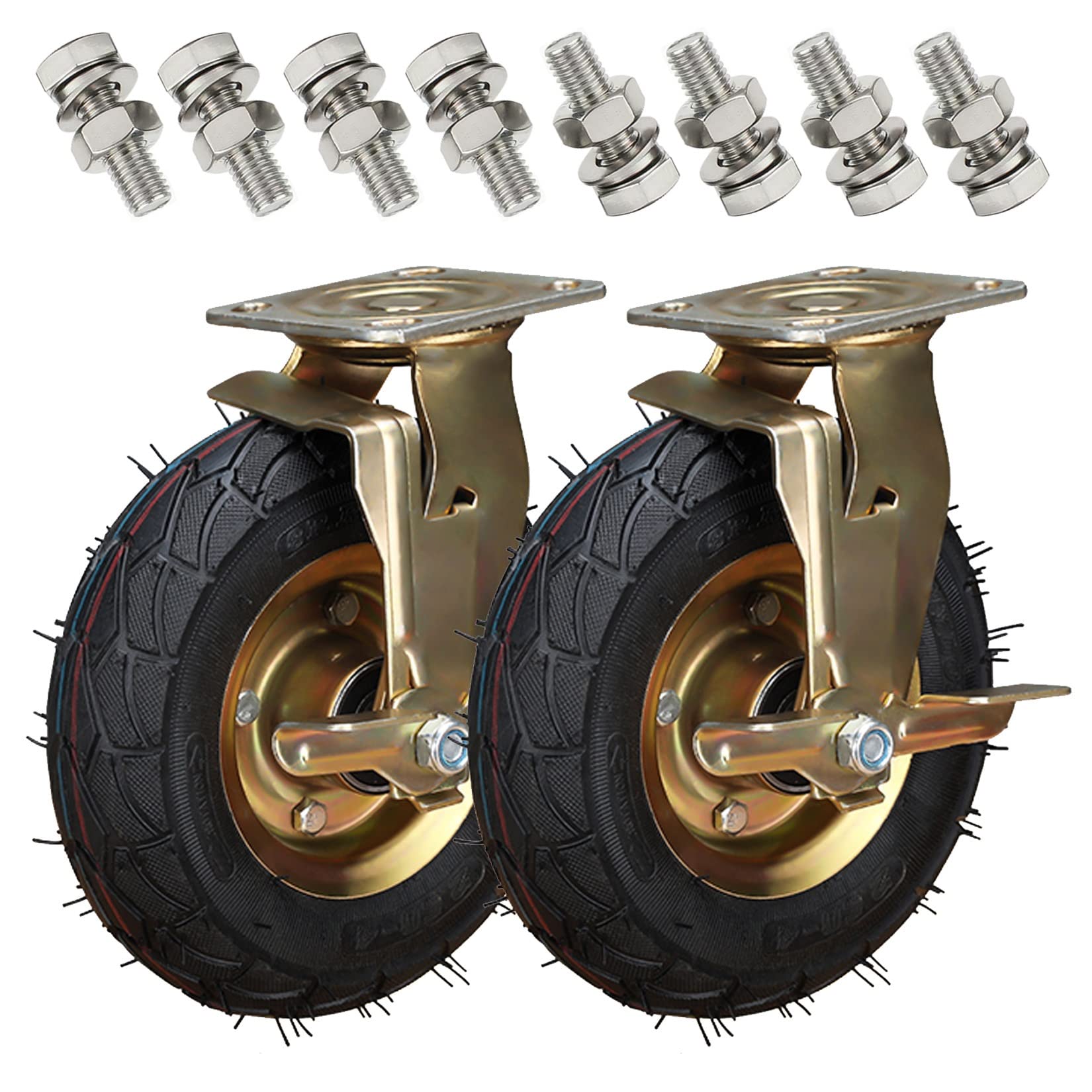 GBRJUYF Heavy Duty 2pcs Pneumatic Castor Wheels with Side Brakes and Double Ball Bearing Rubber Caster Wheels for Trolleys and Furniture Silent Shock Absorption Screws Included