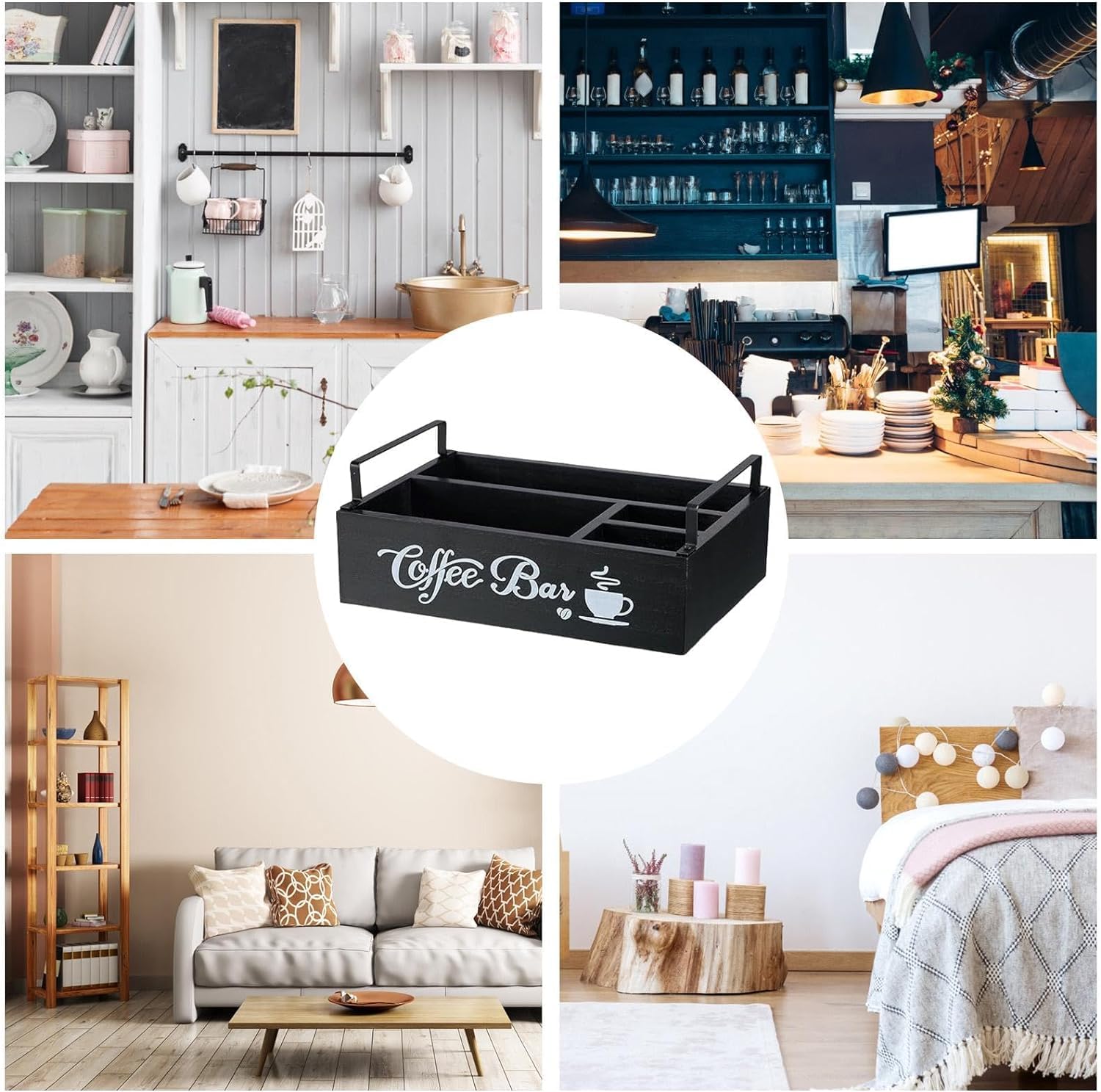 Organizador de Café y Té-Caja de Madera para Accesorios de Cafetera-Caja Infusiones -Caja de Te -Bandeja con de Madera 4 Compartimentos para Infusiones Azucarillos Tazas Cápsulas (Negro)