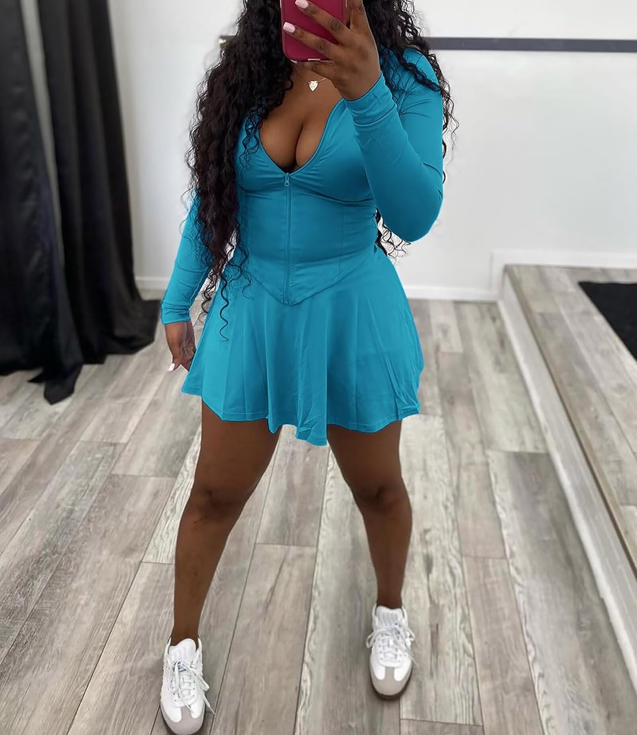 Adogirl Womens Sexy Flared Tennis Skirt Sets Slim Zip Up Jacket 2 Piece Outfits Athletic Matching Mini Dress with Shorts - Image 2