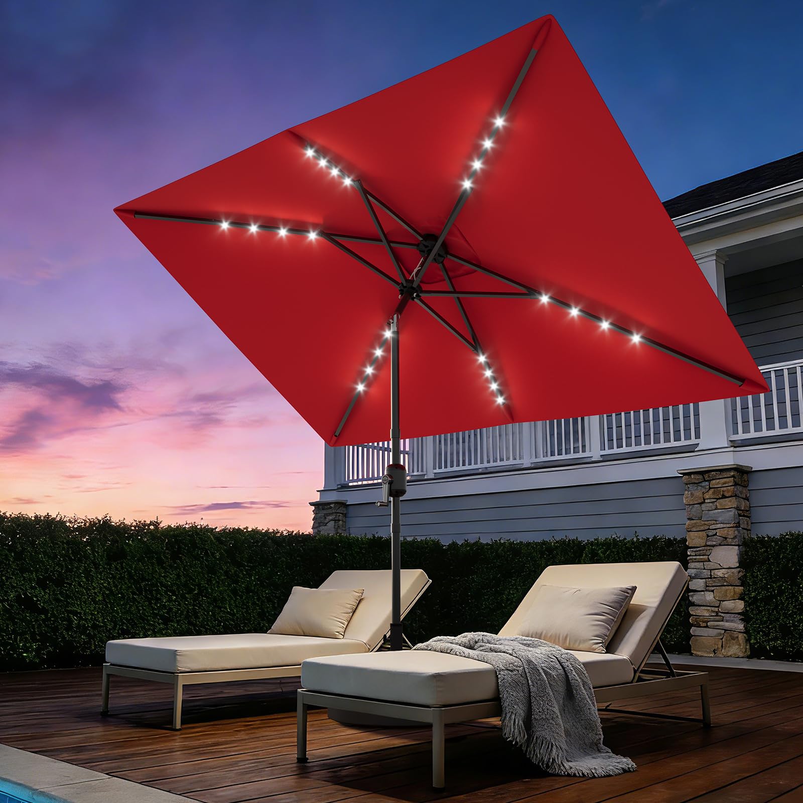 Faltbarer Rechteckiger Sonnenschirm Mit Solar-LED-Licht, Sonnenschutzdach Mit Kurbel Und Kippfunktion, Atmungsaktiver Sommerschirm, Für Strände Und Schwimmbäder, 300x200x250cm (Ohne Sockel)