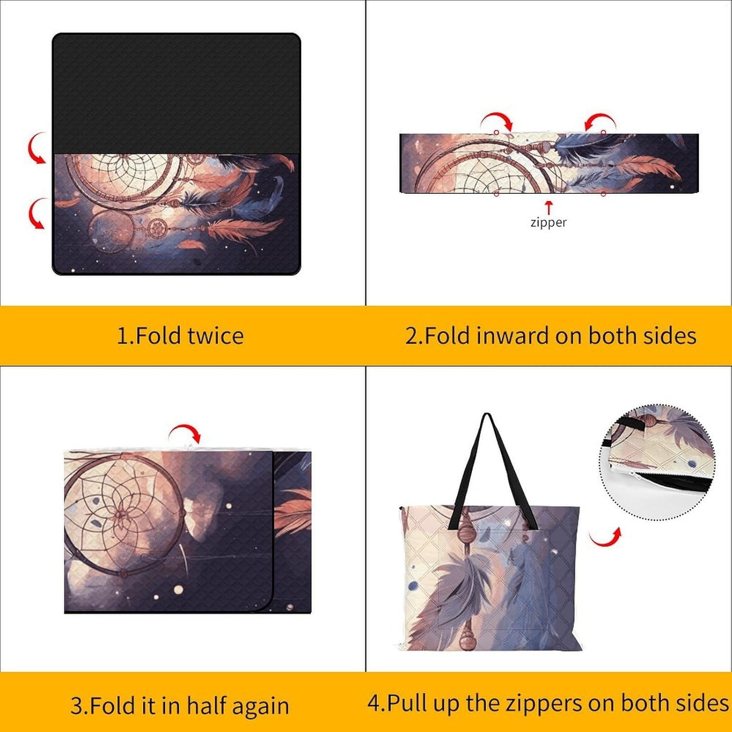 Native American Dream Catcher Picnic Blanket 200x200cm, Foldable 2-in-1 Picnic Mat and Tote Bag Portable Waterproof Beach Mat Sandproof Outdoor Blanket for Park, Hiking, Beach, Camping, Travel