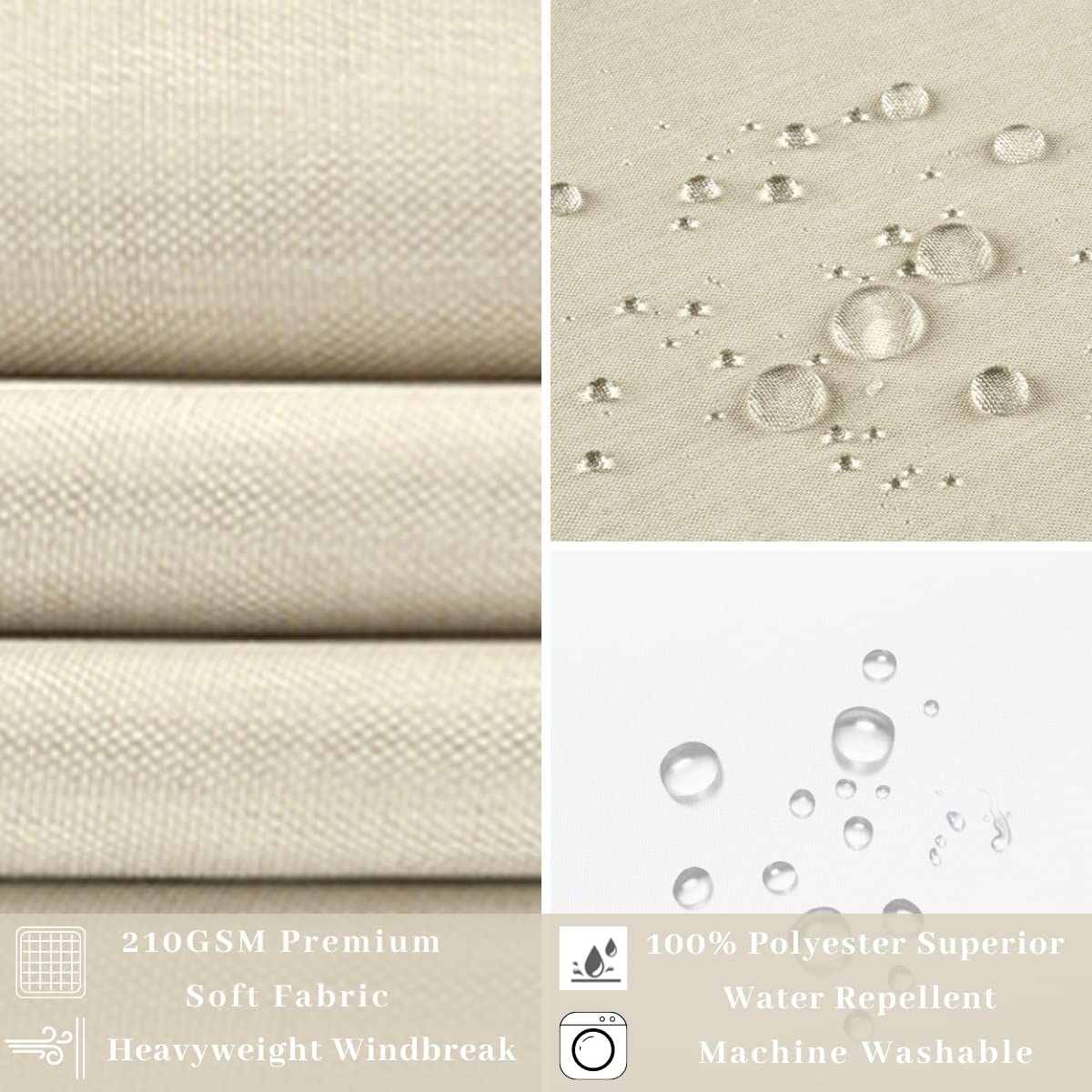 Duschvorhang, 180 cm B x 200 cm H, Stoff, Hakenfrei, lang, mit Polyester-Magnet, Snap-In-Futter, oben durchsichtig, mit Netzfenster, Hellbeige