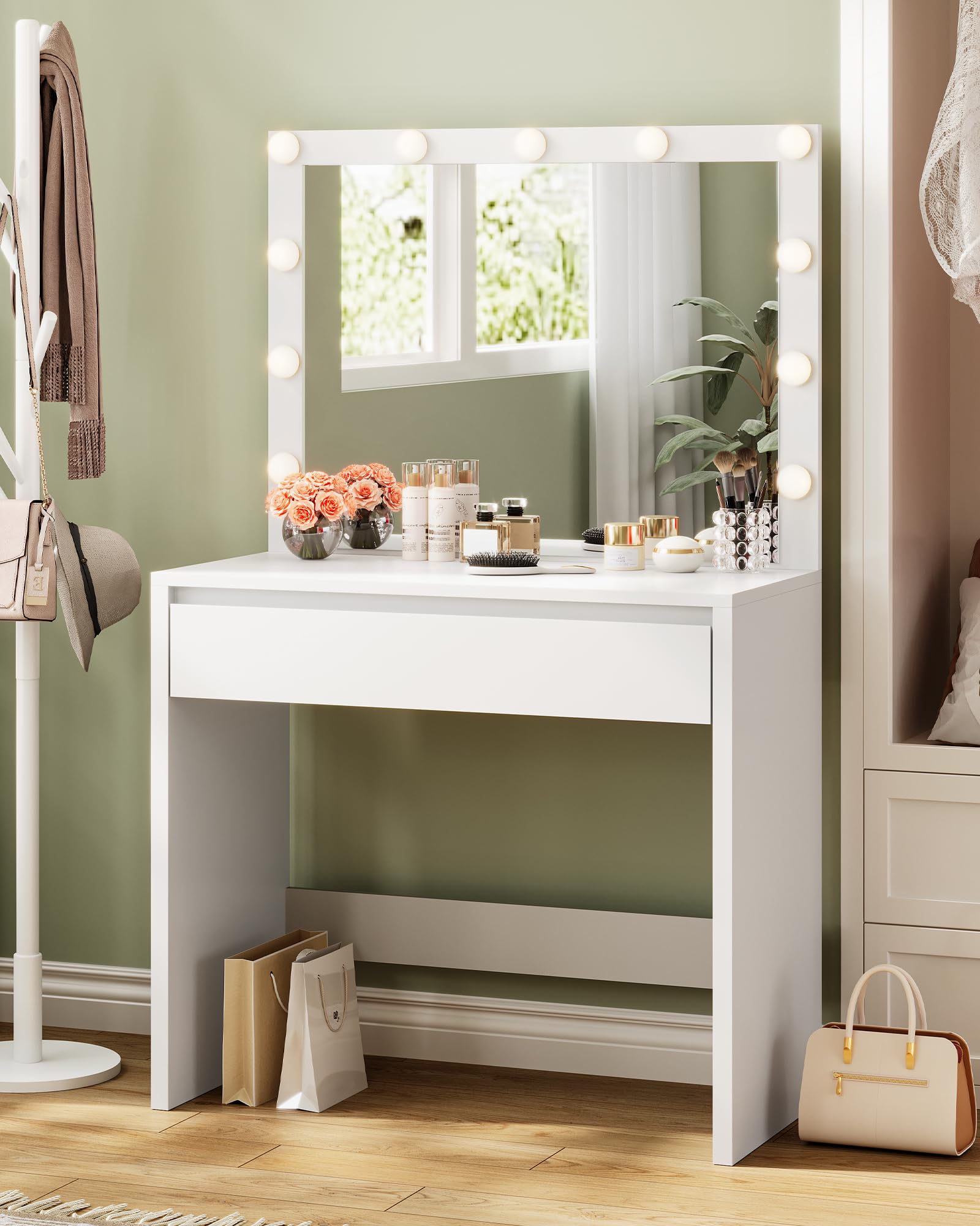 KIMENICH Tocador de Maquillaje, Tocador con iluminación, Brillo Regulable, tocadores con Espejo Grande, cajón Grande con Divisor Ajustable, Moderno, Blanco