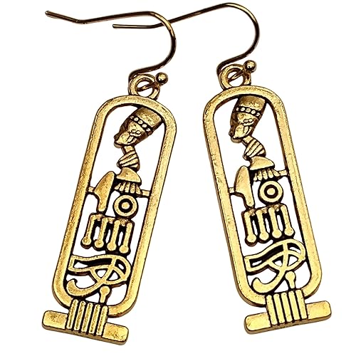 Miniatura 1 de Gold Tone Egyptian Cartouche Earrings, Nefertiti Eye of Horus Hieroglyphs, Jewelry Gift for Women