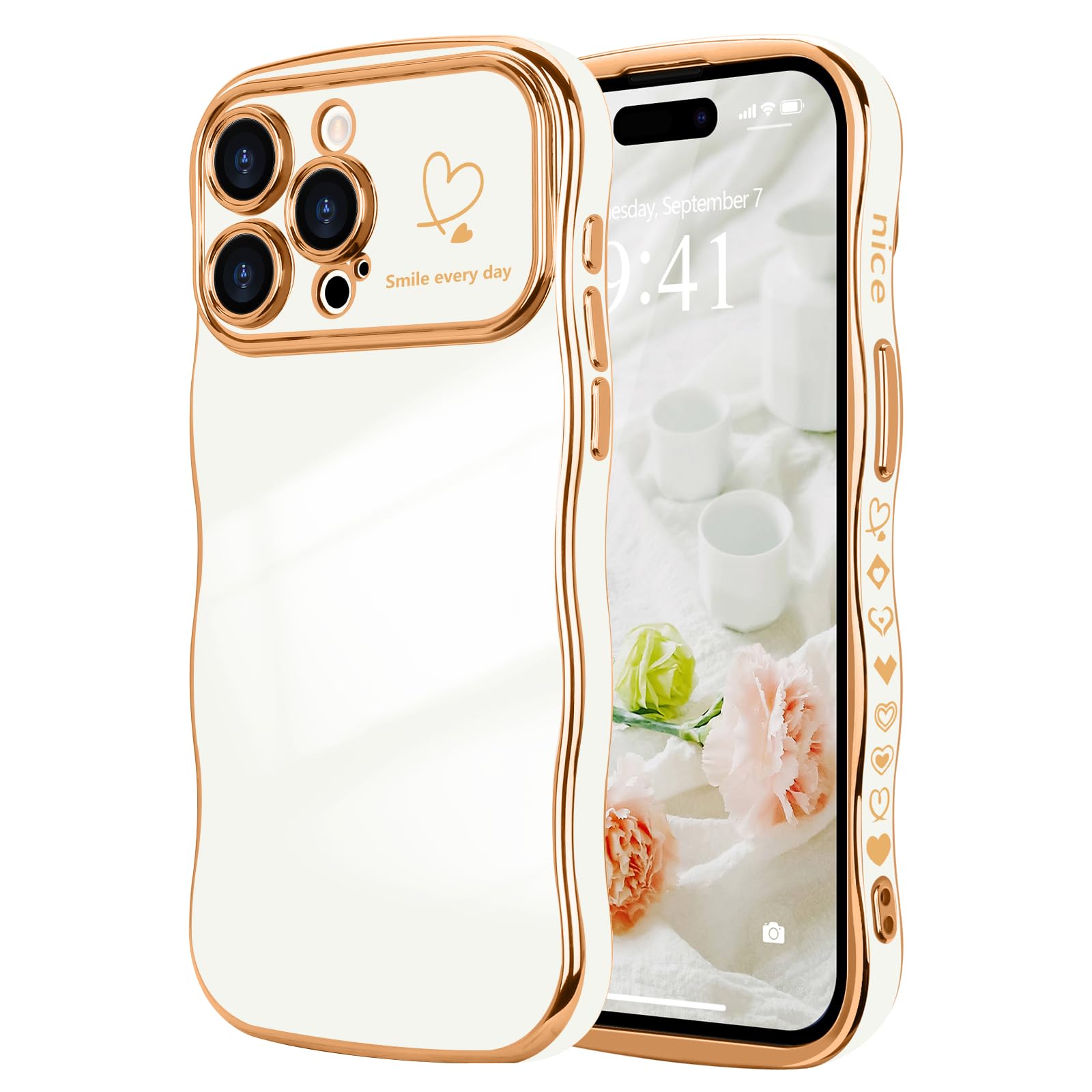 LCHULLE for iPhone 14 Pro Case for Women Girls, Cute Wave Frame Curly Shape with Love Heart Pattern Raised Camera Protection Cover Luxury Plating Shockproof Phone Case for iPhone 14 Pro, White