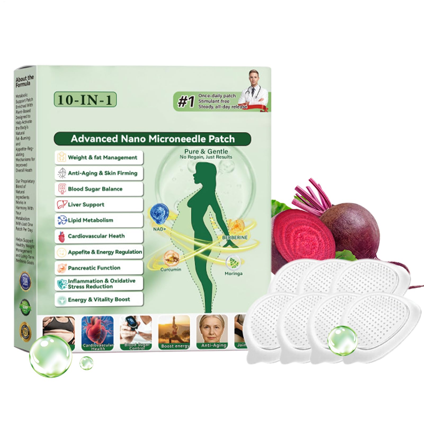 Healrize Moringa Berberinex Nad+ 10 w 1 nano-igłowe plastry odchudzające, naturalne nano-igłowe plastry napinające, ujędrniające skórę, dla mężczyzn i kobiet