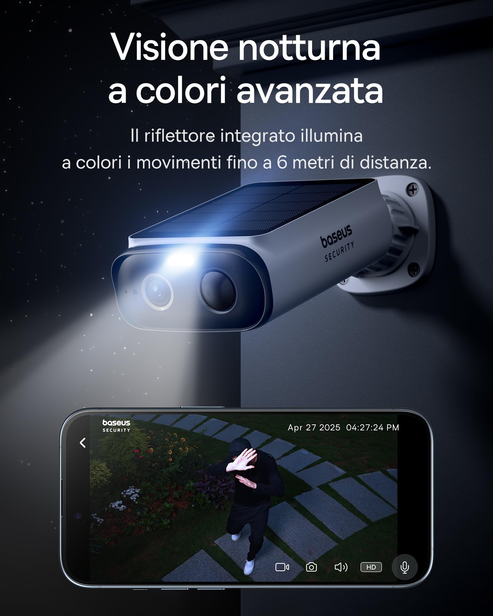 Baseus Security S1 Lite [3-Cam] Telecamera Wi-Fi Esterno senza Fili Pannello Solare, IP67 Videocamera Sorveglianza Batteria 2K 135°, Visione Colorata, Nessun Costo, Compatibile con Alexa & Google