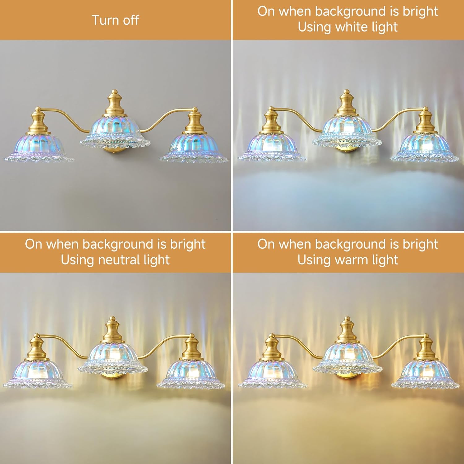 Vintage Bathroom Vanity Light Fixtures - 3-Light Iridescent Glass Art Deco Bathroom Lights Over Mirror,Brushed Gold Restroom Lighting, Mid Century Coastal Vanity Lights for Powder Room Bath Sink