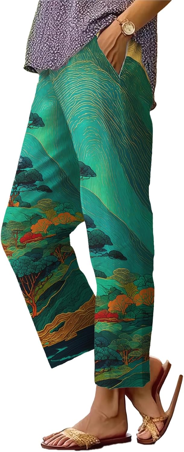 Women's Casual Pants Retro Japanese Style Pine Tree Print Pants Summer Trendy Baggy High Waist Straight Leg Trousers