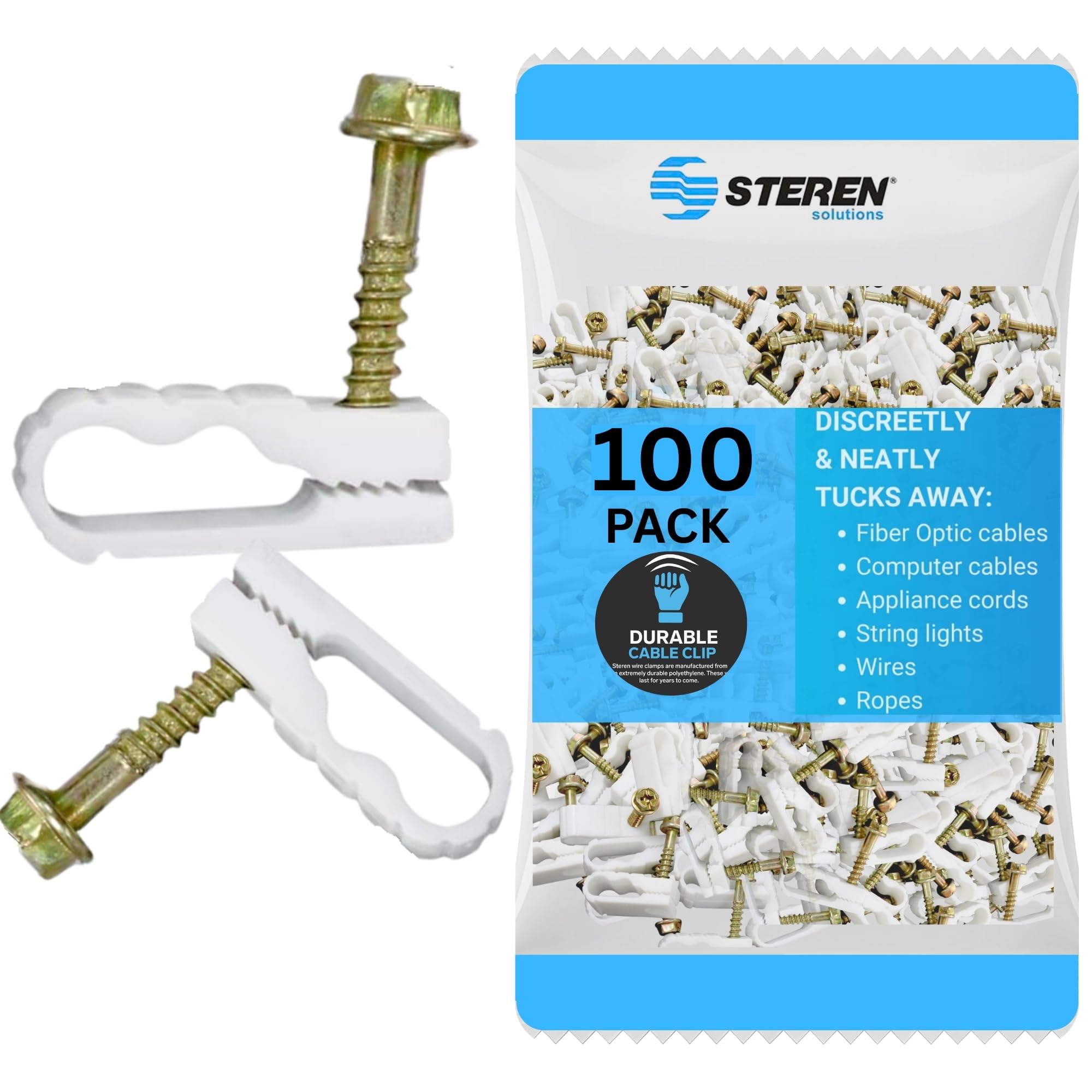 STEREN Coaxial Cable Clips - Cable Holder - Wire Clips - Siding Clips for Hanging - Cord Holder for Desk - Cable Clamps (White, 100 Count - Dual Screw