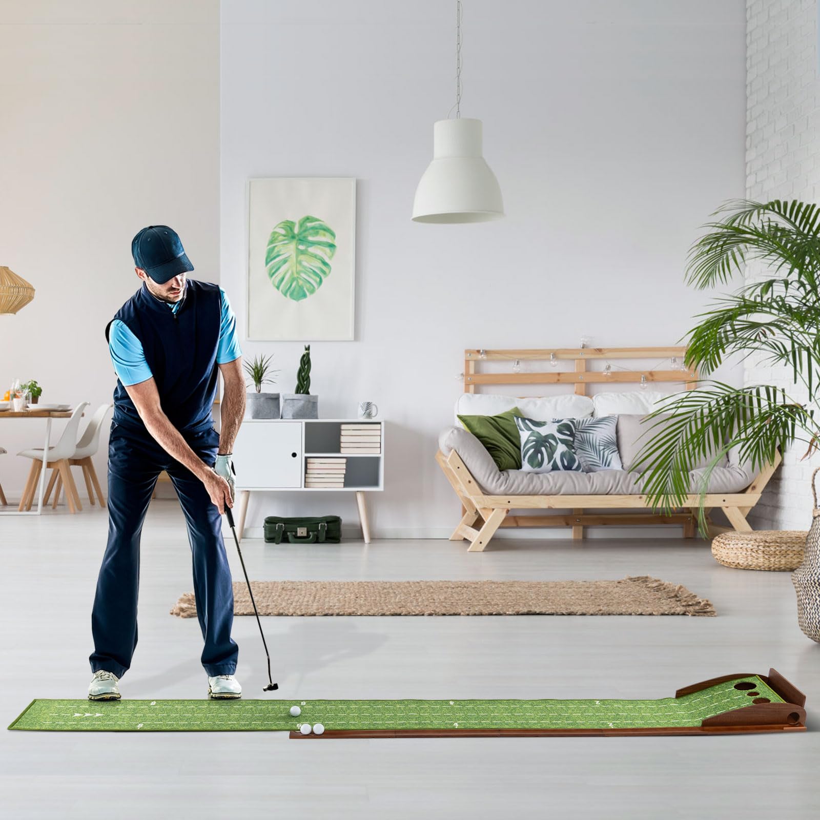 GOPLUS Tapis de Putting de Golf 1/2/3 Trous, Tapis d'Entraînement au Putting avec Retour Automatique de Balle, Guides d'Alignement, 3 Balles de Golf, pour Maison/Bureau