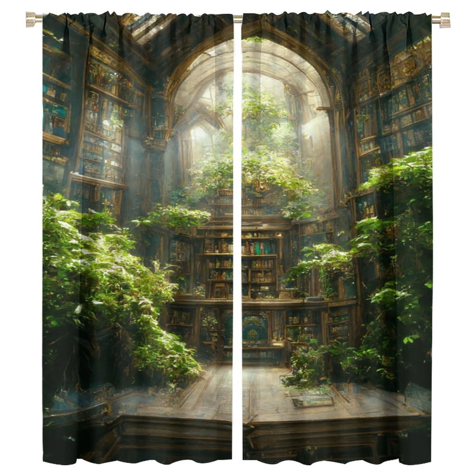 HZOHNAGO Bookshelf Curtain Forest Nature Retro Bookshelf Books Blackout Print Rod Pocket Window Drapes for Bedroom Living Room 42x45in