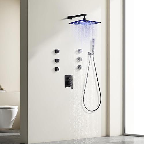 Miniatura 2 de SKOWLL Kit de ducha de lluvia LED de 12 pulgadas, sistema de chorros de ducha, accesorios de ducha con 3 funciones, kit de válvula de ducha cUPC,
