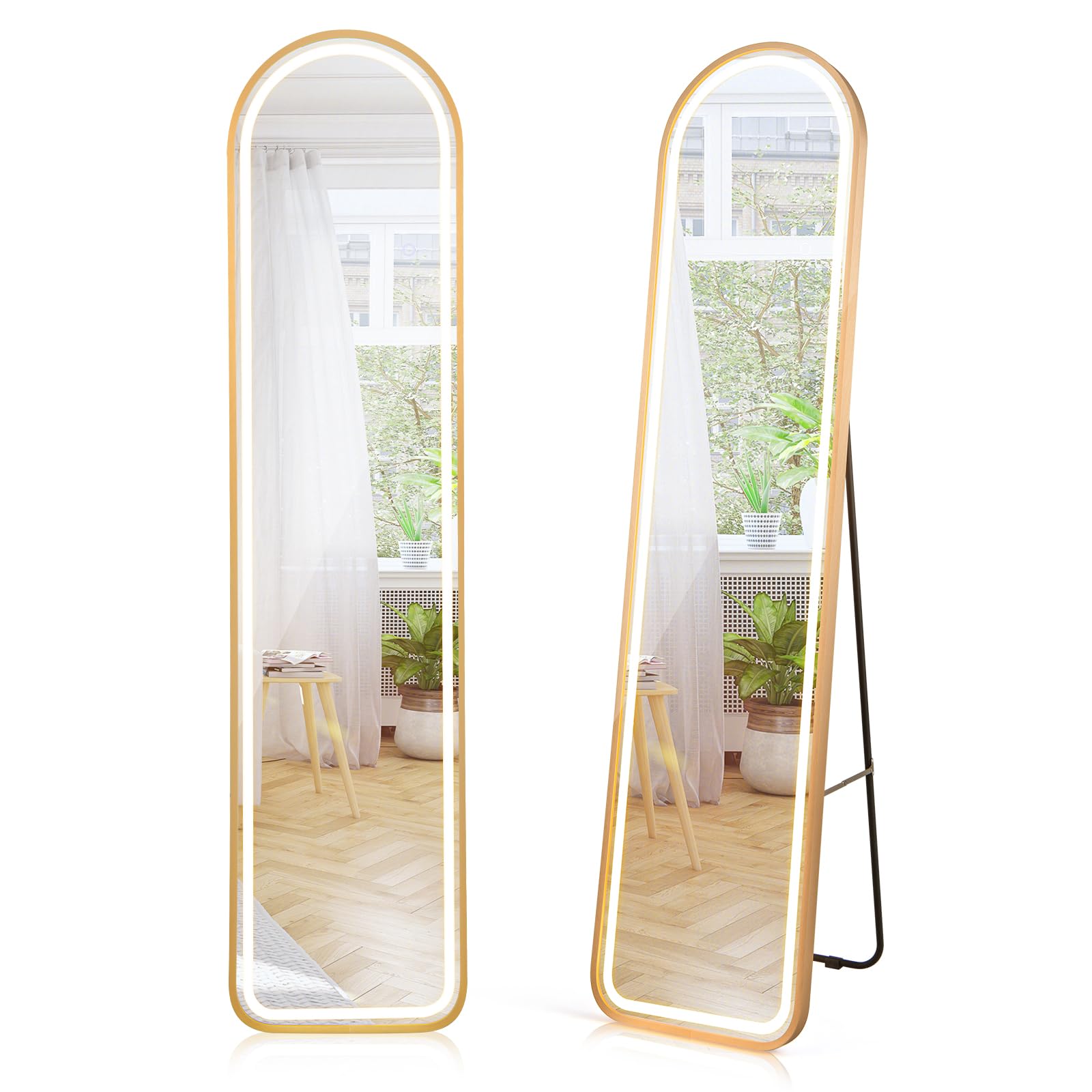 RELAX4LIFE LED Ganzkörperspiegel, 2-in-1 Standspiegel mit 3 Farben dimmbar, Wandspiegel mit Alu-Rahmen & Touch-Schalter, Spiegel für Wohnzimmer Schlafzimmer Eingangsbereich, 155 x 37 cm (Bogen)