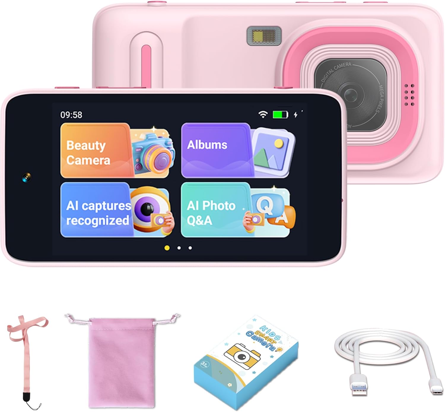 AI Kids Camera for 3–11 Year Old Boys and Girls, AI Learning Digital Video Camera with with Object Recognition, Best Birthday, WiFi Kids Toy Camera 16GB (Pink)
