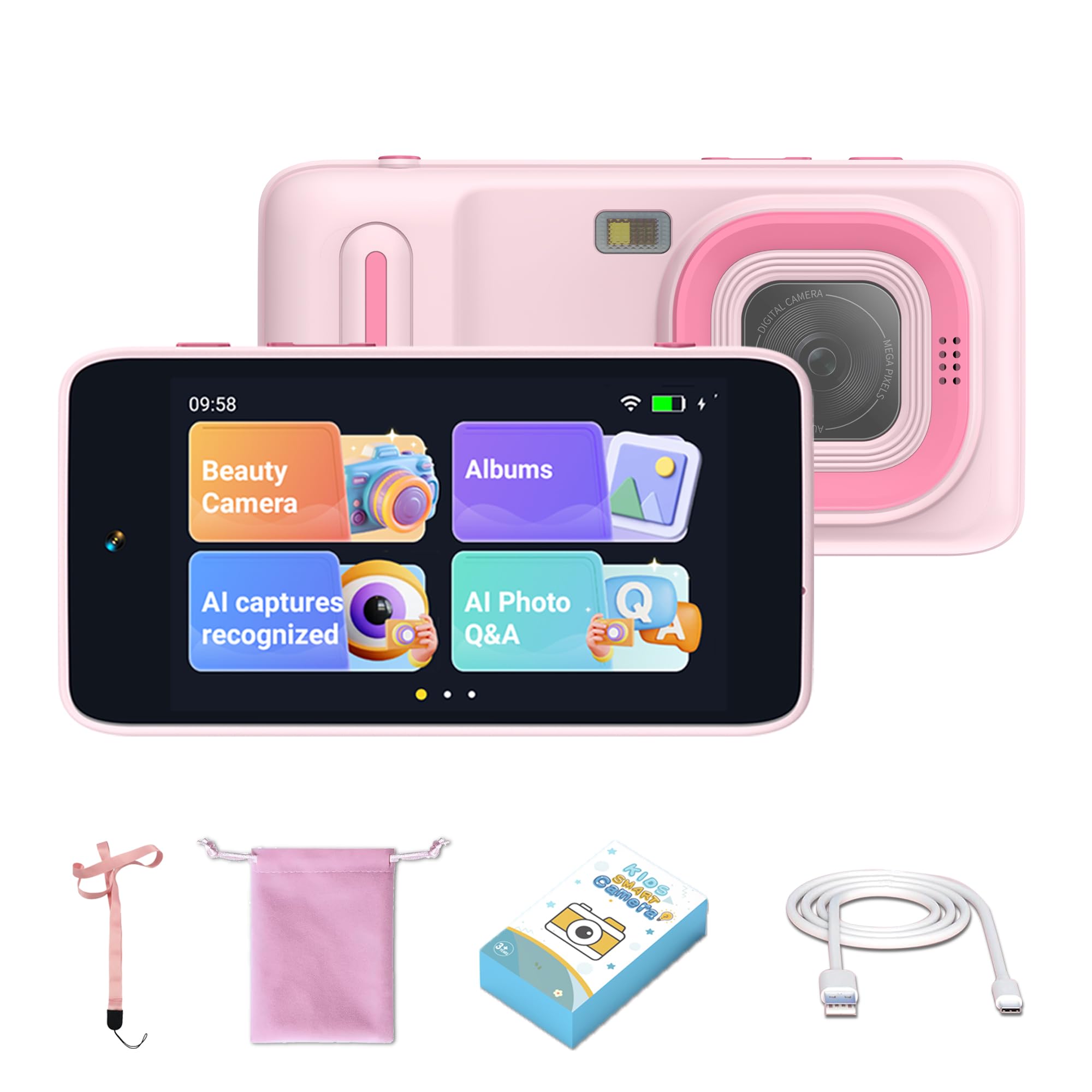 GimyWit Kids WiFi AI Camera Camcorder- Fun Digital Learning Camera with Object Recognition, Free AI Membership,11 AI Tutors, Multilingual Toy- Birthday for Boys Girls Ages 3-9 (Pink)