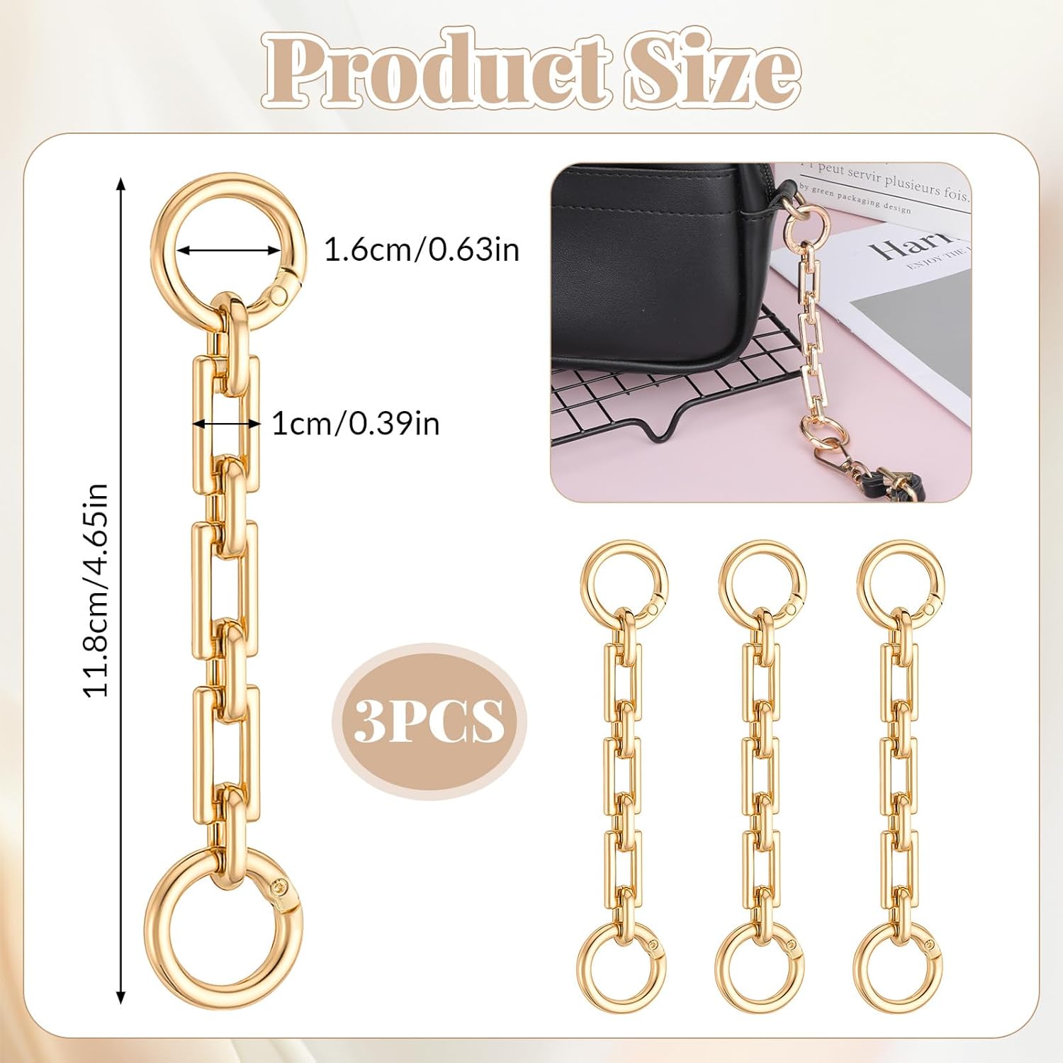 3 Pcs Gold Purse Extender Chain, 4.65 Inch Bag Extender Chain Fashion Metal Bag Chains Straps Accessories for Women Handbags Purse Shoulder Cross-Body - Image 2