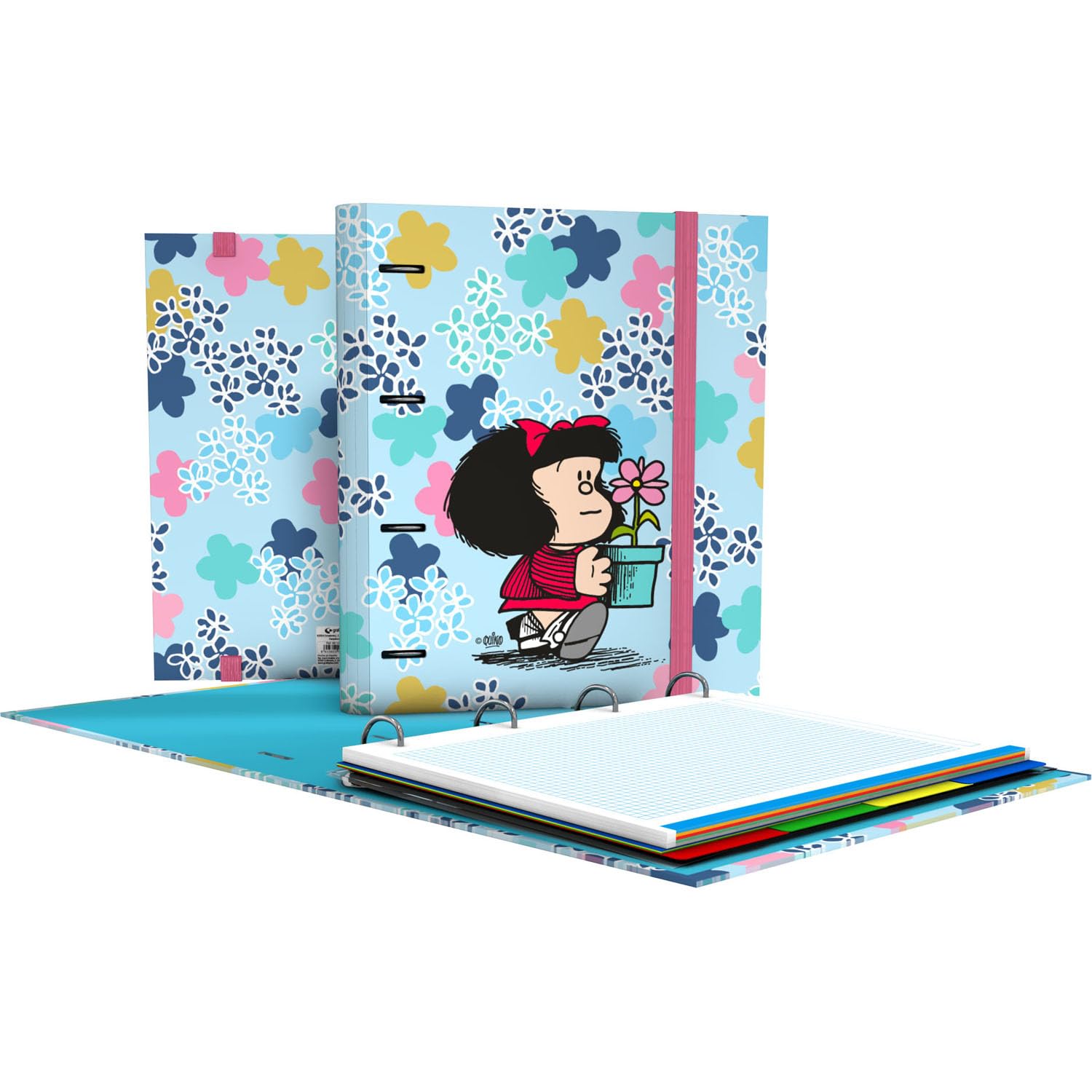 Grafoplás | 4 Ring Binder with Refill a4 | Lively Mafalda | Includes 100 5x5 Squared Sheets | Dividers and Closure Envelope | Ergonomic Curved Spine | Carpebook | Perfect School Supplies