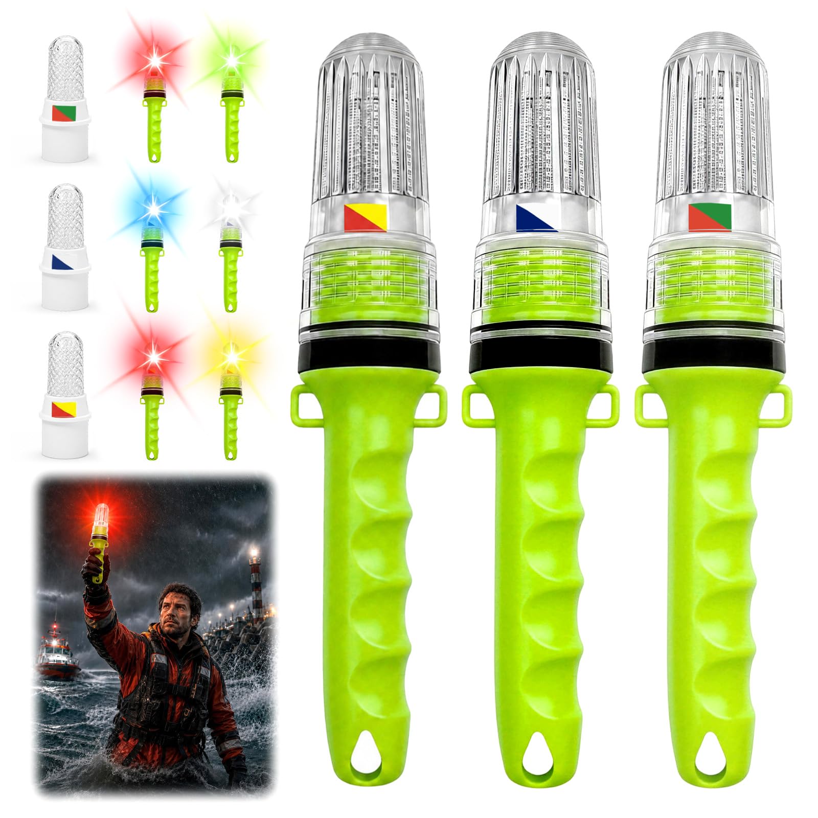 Boat Flares, 3Pcs 2026 New Upgraded Marine Emergency Safety Kit, Red Green, Red Yellow, Blue White Mixed Color Strobe,Marine Emergency Distress Signals for Boating, Fishing Nets and Buoys