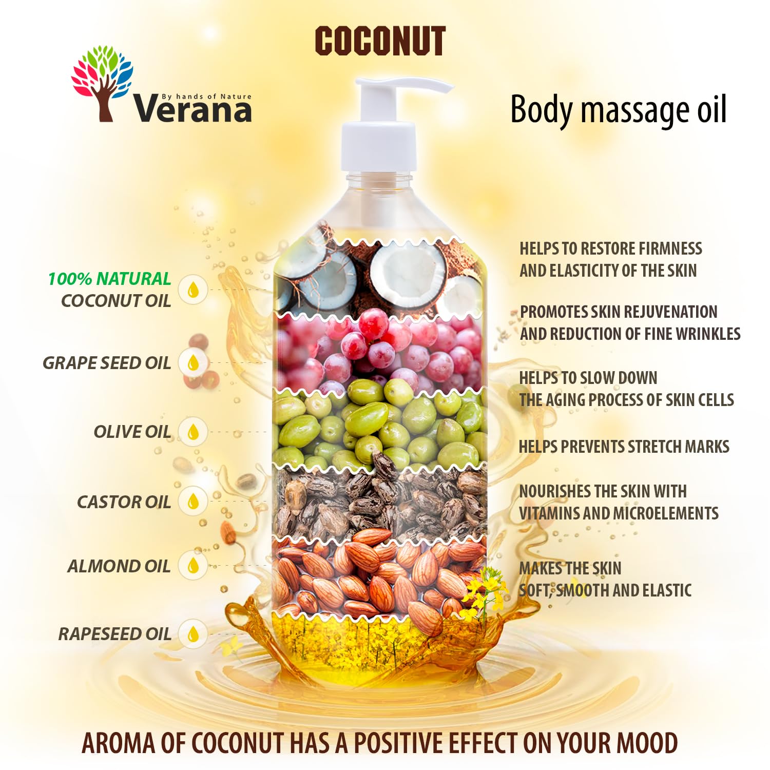 Verana Olio per Massaggio corpo Сocco, Naturale, Senza OGM, Massaggio Ringiovanente e Rivitalizzante, Rilassante, dà Emozioni Positive, Aromaterapia (5L)