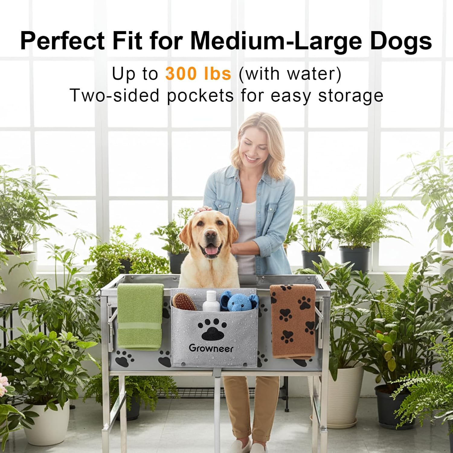 GROWNEER Foldable Dog Bath Tub,300LB Portable Pet Grooming Tub with Stainless Steel Frame, Elevated Dog Washing Station for Small to Medium Dogs and Cats, Indoor Outdoor Use