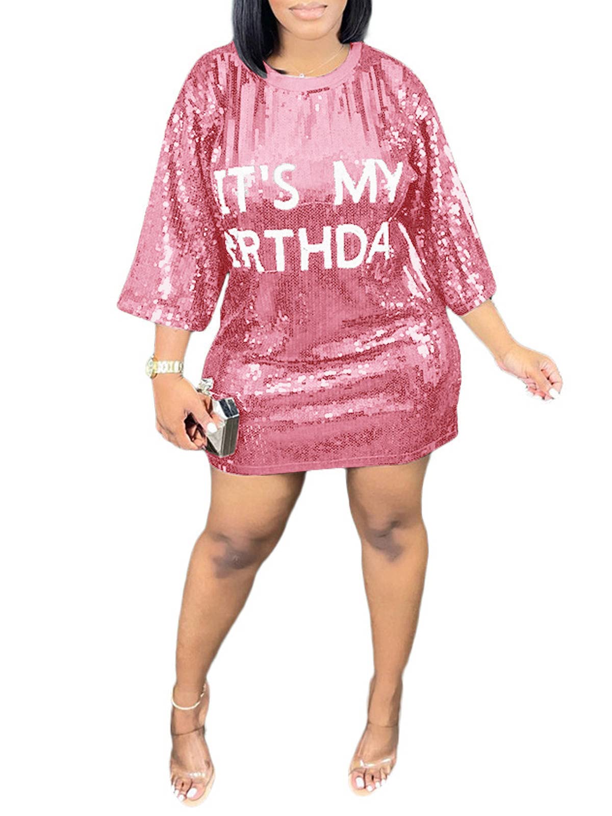 ALLUMK Women Sexy Glitter Sequin Shirts Dress Letter Graphic Print Half Sleeve Party Club Short Dress