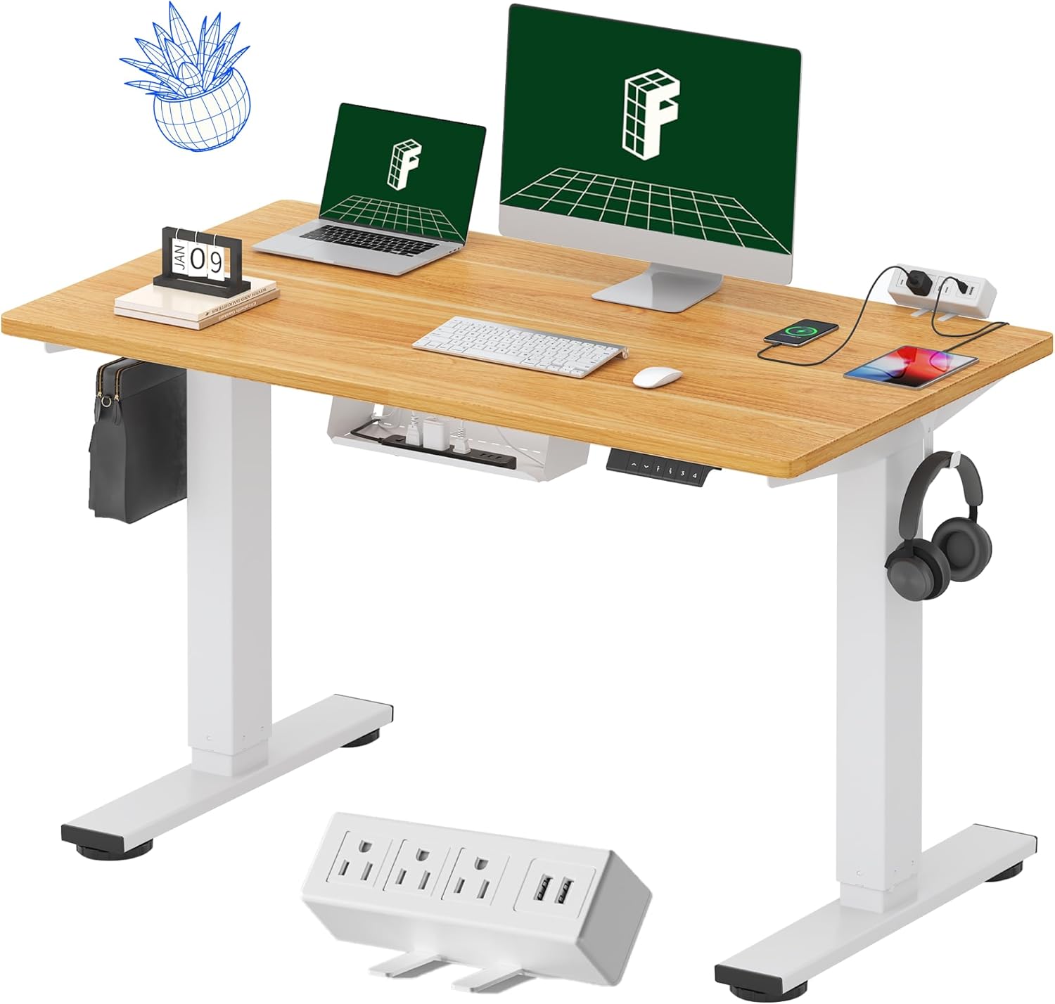 Product image of FLEXISPOT EN2 Whole-Piece Standing Desk with Clamp Power Strip, 48 x 24 Electric Stand Up Height Adjustable Desk with Cable Management (White Frame + 48" Maple Top)