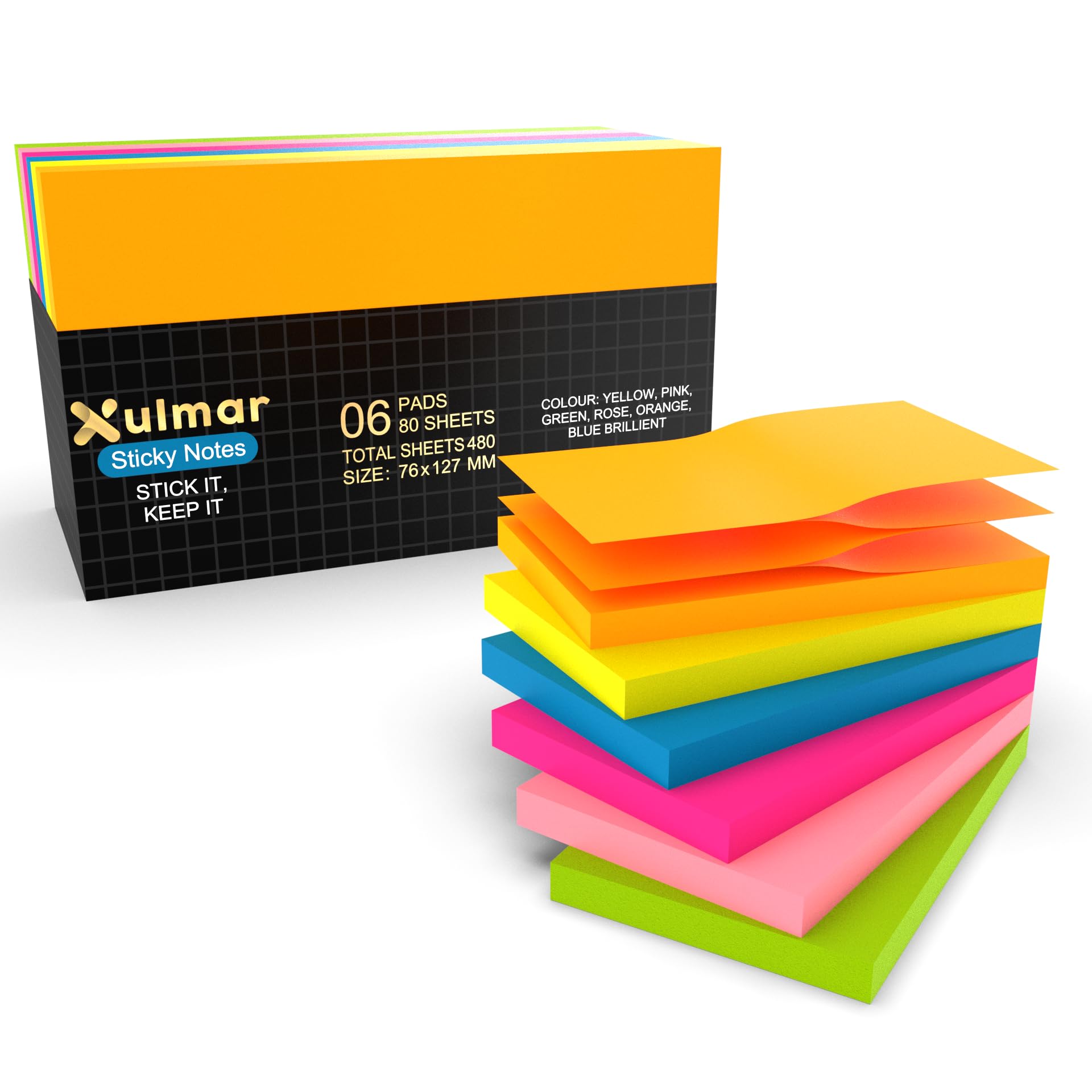 480 Sticky Notes, 6 Pads 3 x 5 Inch Self Adhesive Memo Pads (76 x 127 mm), Bright Colors, 80 Sheets per Pad, Removable Sticky Notes for Office, School & Home