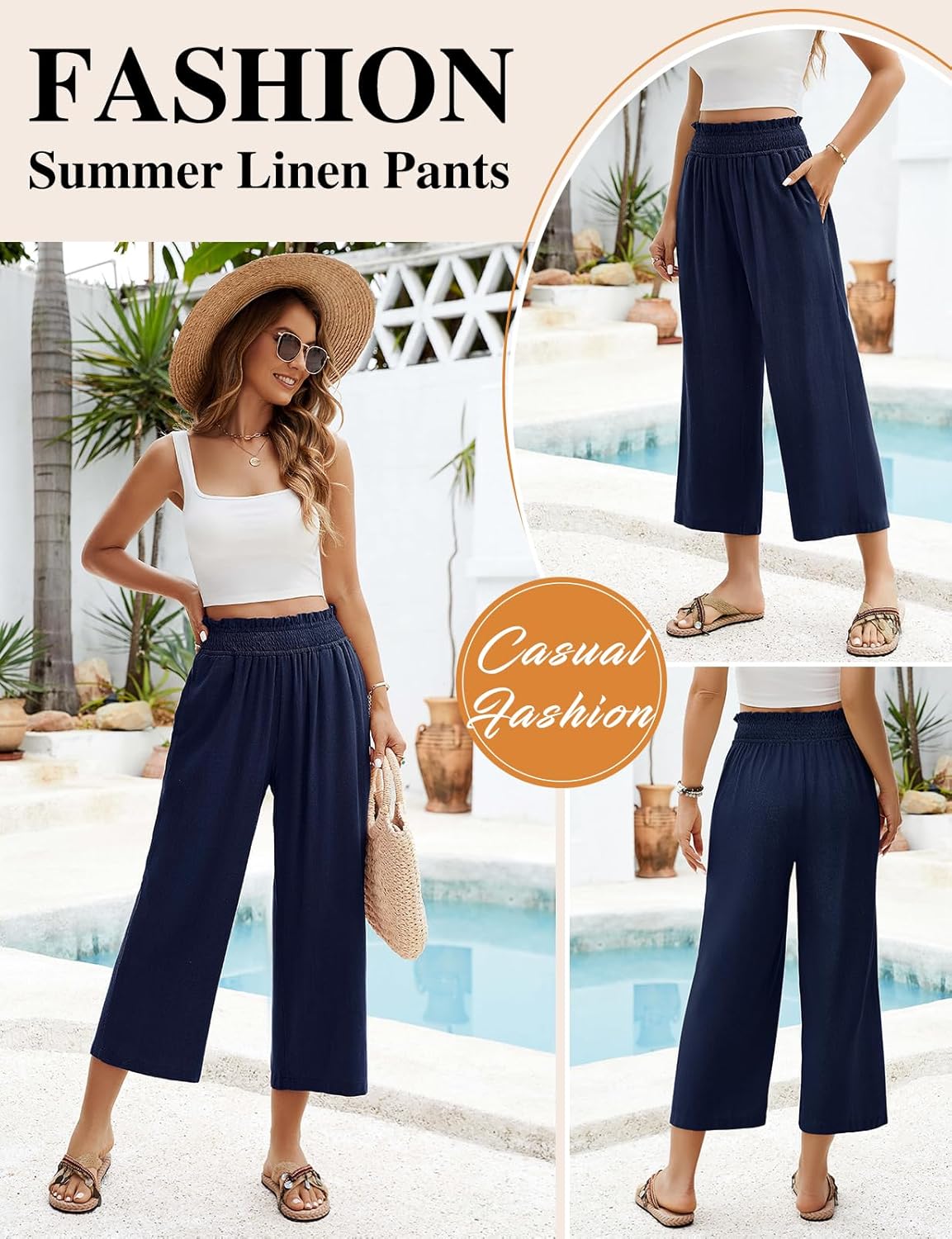 HEEKPEK Linen Capri Pants for Women Wide Leg Casual Elastic High Waist Trousers Flowy Beach Cropped Pants with Pockets