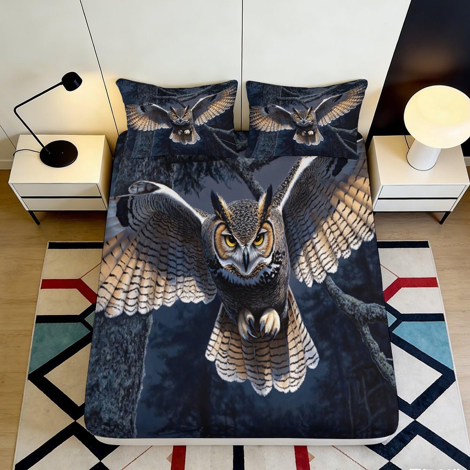 3D Printed Night Owl Fitted Sheet Microfiber Soft Breathable Forest Flight Mattress Cover for Bedroom Dorm Decor 180x200x25cm