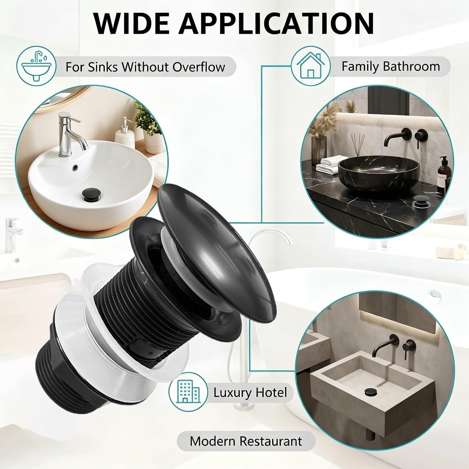 Piletta Lavabo Senza Troppopieno Universale 1 1/4“ Pollice - Valvola di Scarico Click Clack per Lavabo e Bidet in Nero, Facile Installazione e Drenaggio Rapido, Materiali di Alta Qualità