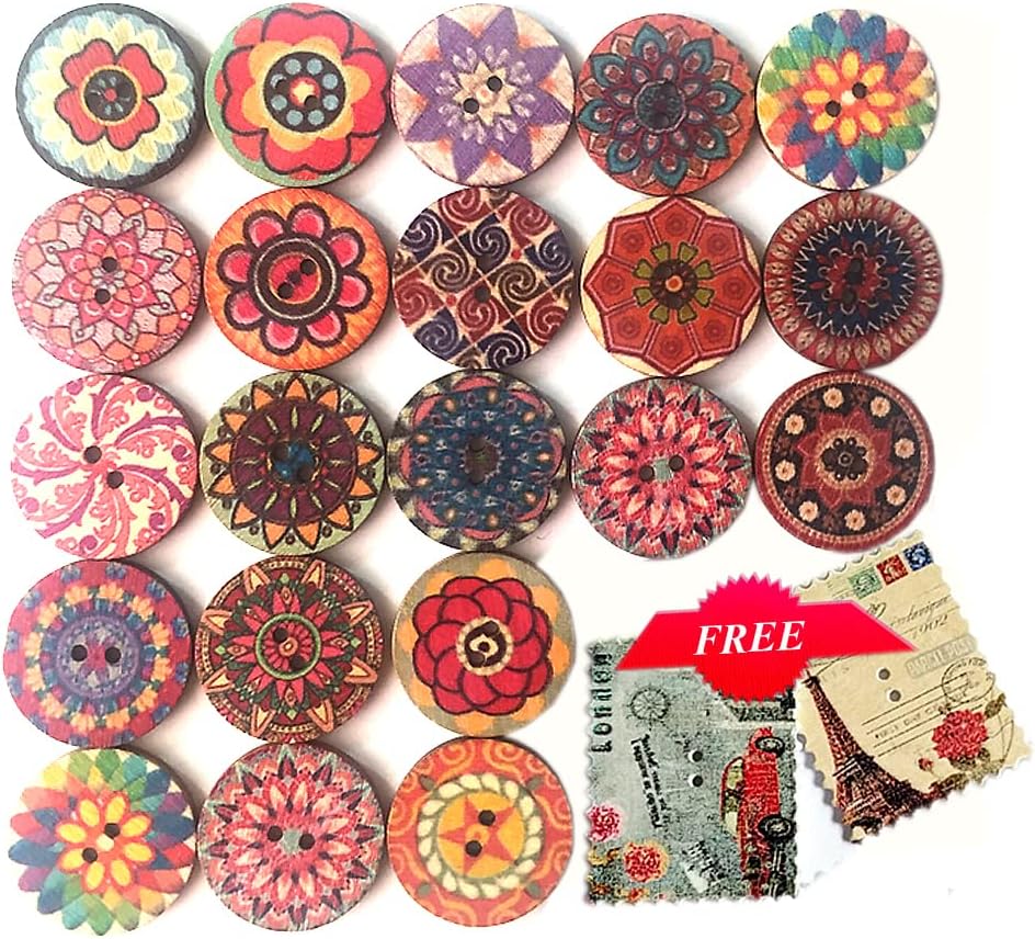 Buttons for Sewing, 100pcs 1 inch Buttons Large Wood Buttons for Crafts Mixed Big Wooden Vintage Assorted Buttons 2 Holes Round Decorative Wood Craft Buttons 25mm (Colorful Buttons)