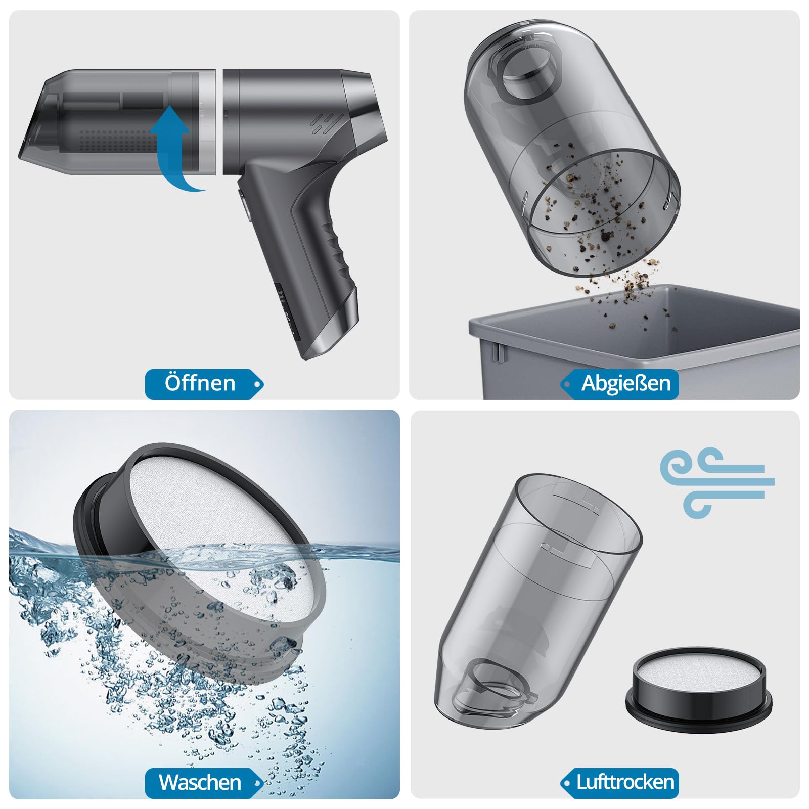 AUTOUTLET Mini Handstaubsauger Kabellos, 4 in 1 Staubsauger Auto Brushless Motor 11KPA High Power, 2-Gang 85000 U/min Druckluftspray, Akku Auto Staubsauger für Outdoor, Office Reinigung und Tierhaare
