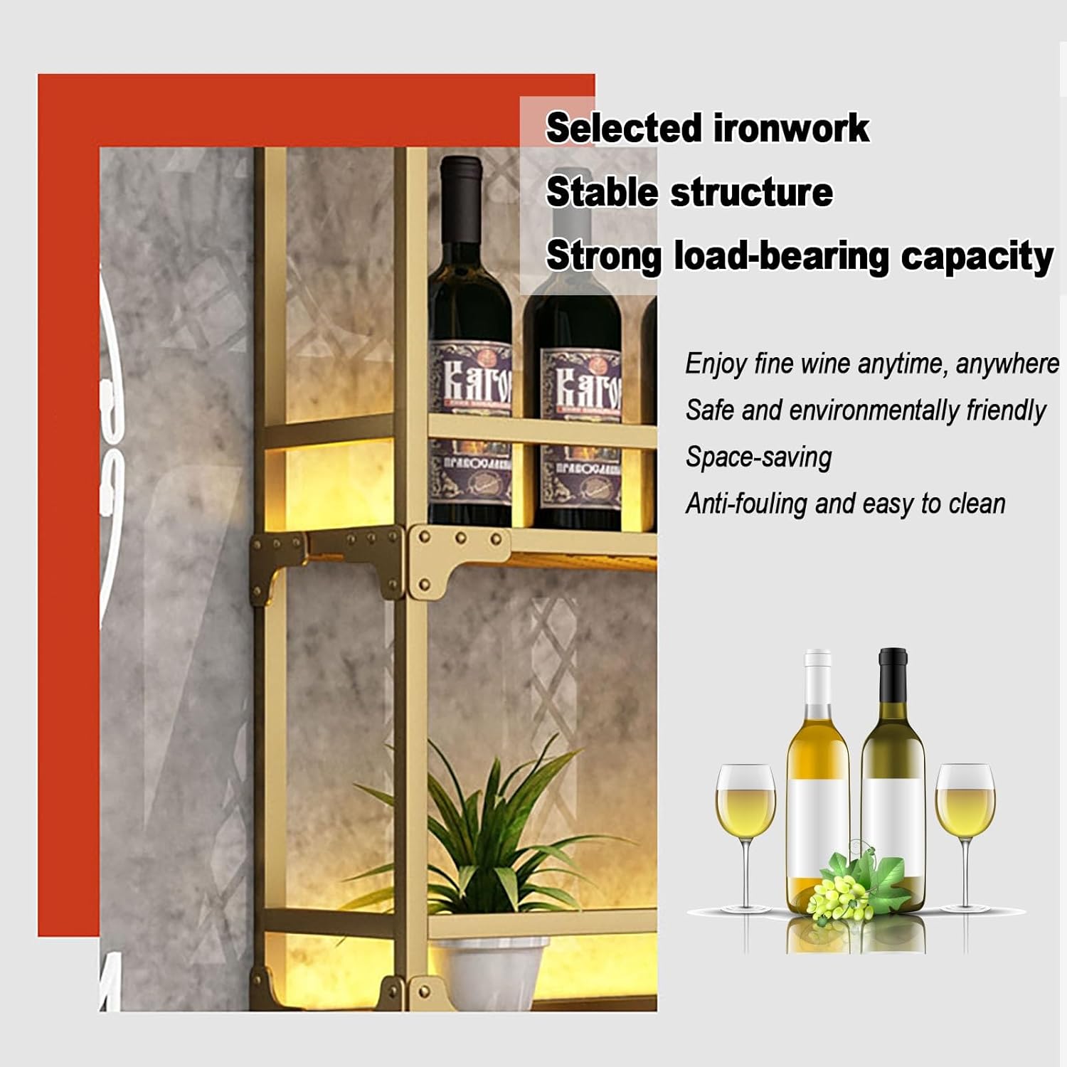 Wall Mounted Wine Rack,with LED Lights,3,Tiers Liquor Floating Shelves,Wine Display Storage Organizer,Hanging Stemware Goblet Metal Wine Shelf,for Home,Bar,Dining Room,K,Black,80cm