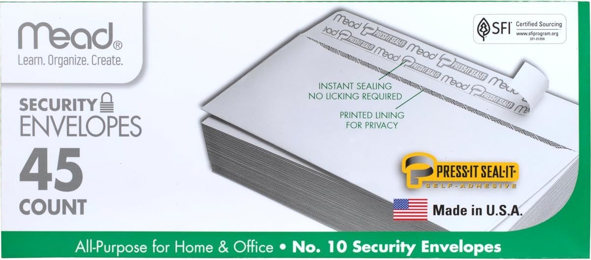 Mead #10 Sobres comerciales de seguridad tamaño carta 4-1/8" x 9-1/2" – Despegar y sellar, forrado de privacidad, sin ventana, autoadhesivo para sellar a presión para correo en el hogar y la oficina, 45 unidades (75026)