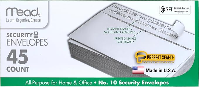 Mead #10 Security Business Envelopes Letter Size 4-1/8" x 9-1/2" – Peel and Seal, Privacy Lined, No-Window, Press-It Seal-It Self-Adhesive for Home & Office Mailing, 45 Count (75026)