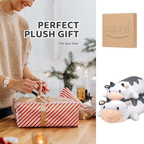 Miniatura 6 de Mewaii Almohada corporal de felpa de vaca, 25 pulgadas, animales de peluche Kawaii de vaca lechera, almohada larga y esponjosa para niños, regalos