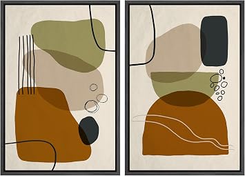 wall26 Framed Canvas Wall Art Print Set Mid-Century Brown, Green & Gray Polygon Symbol Collage Abstract Shapes Illustrations Modern Bohemian for Living Room, Bedroom, Office - 24"x36"x2 Black
