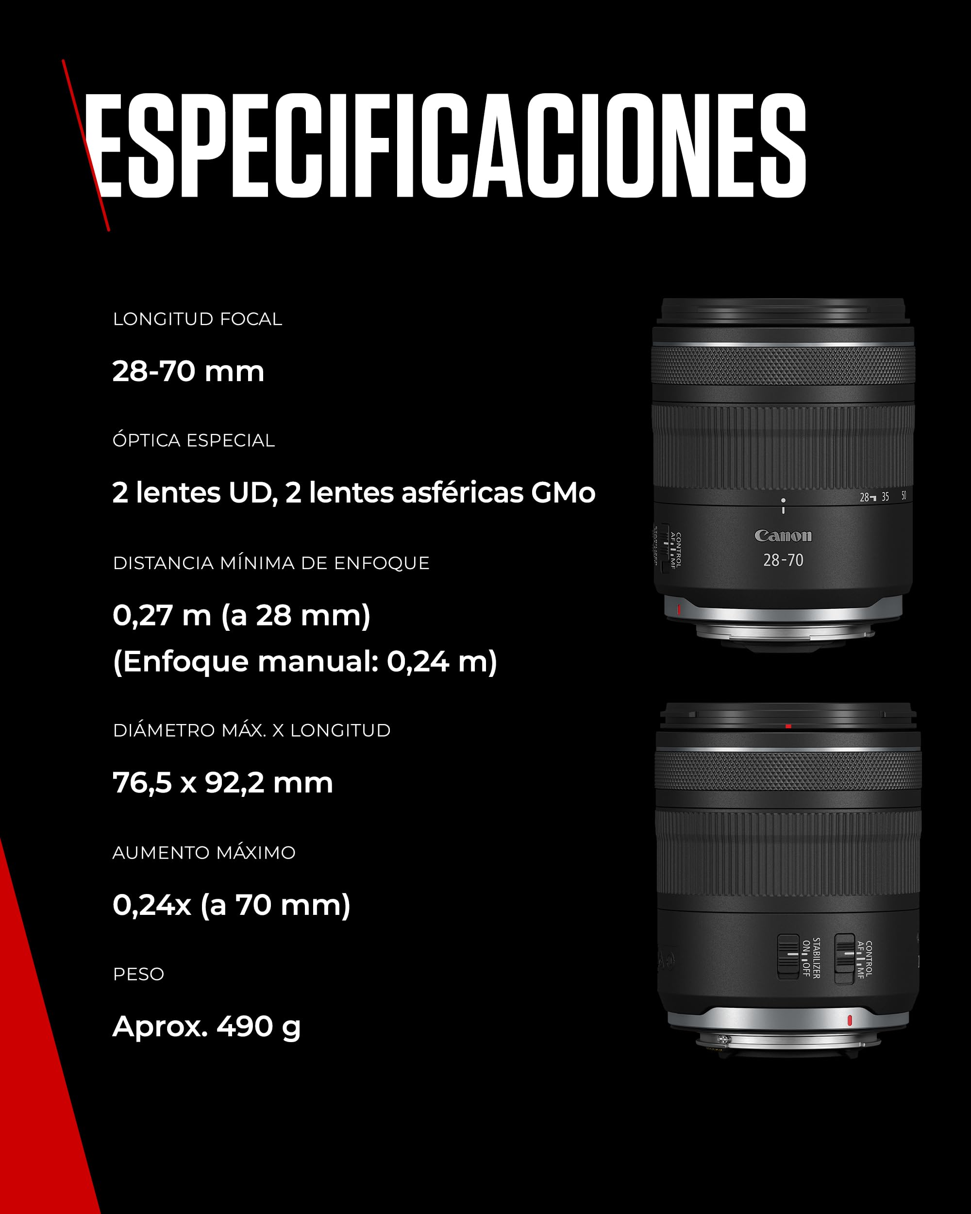 Canon Objetivo zoom estándar RF 28-70mm F2.8 IS STM para cámaras del sistema EOS R con estabilizador de imagen de 5,5 pasos sellado contra las inclemencias meteorológicas y un diseño compacto y ligero