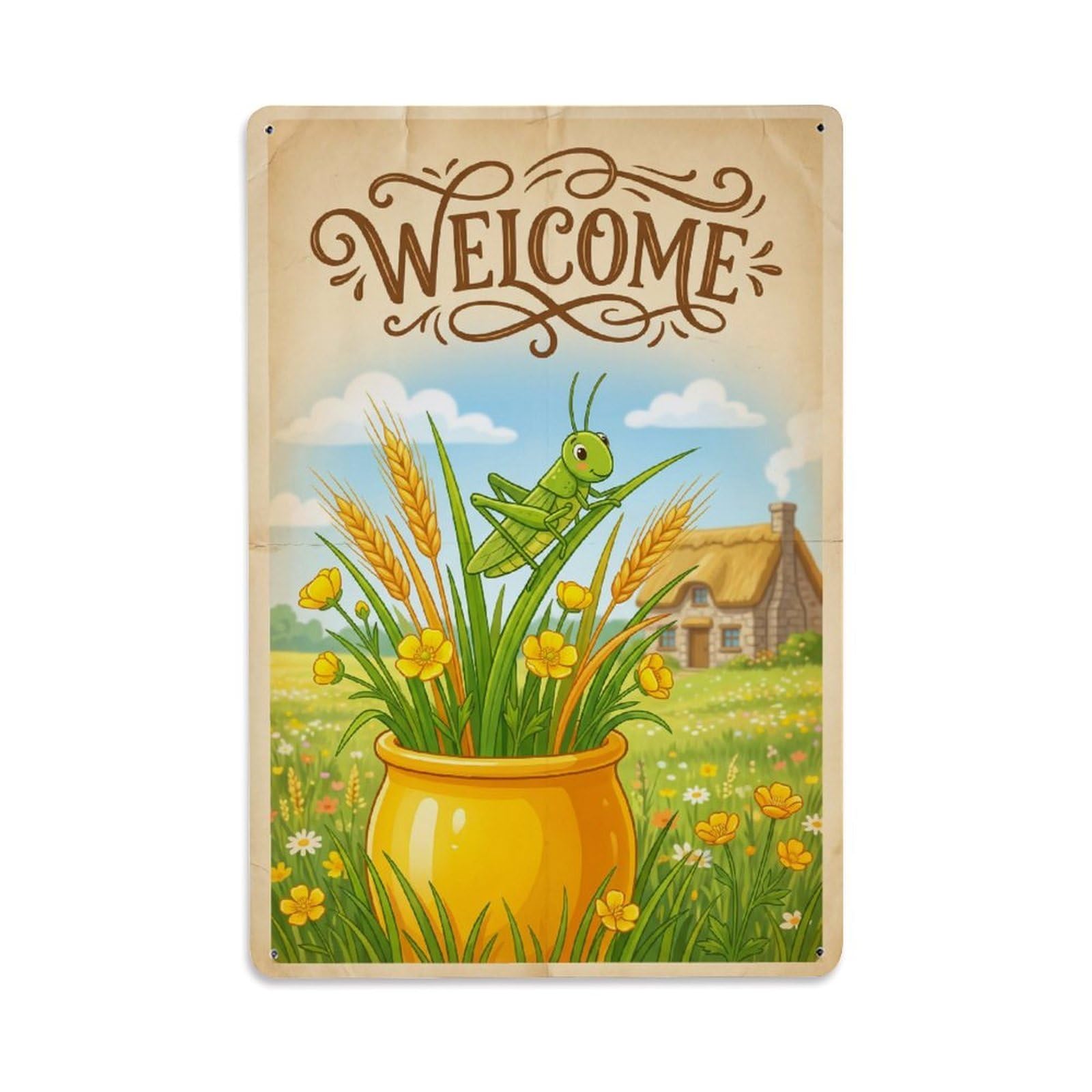 Cxhjca 8X12inch(20X30cm) Vintage Welcome Grasshopper Happy Home Metal Tin Sign