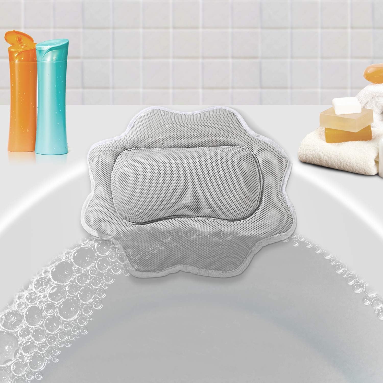 YISUN Non-Slip Spa Bath Pillow with 5D Air Mesh Technology for Tub, Machine Washable - Bathtub Pillow Cushion Provides Head, Neck and Shoulder Support, Fits Any Size Tub, Spas