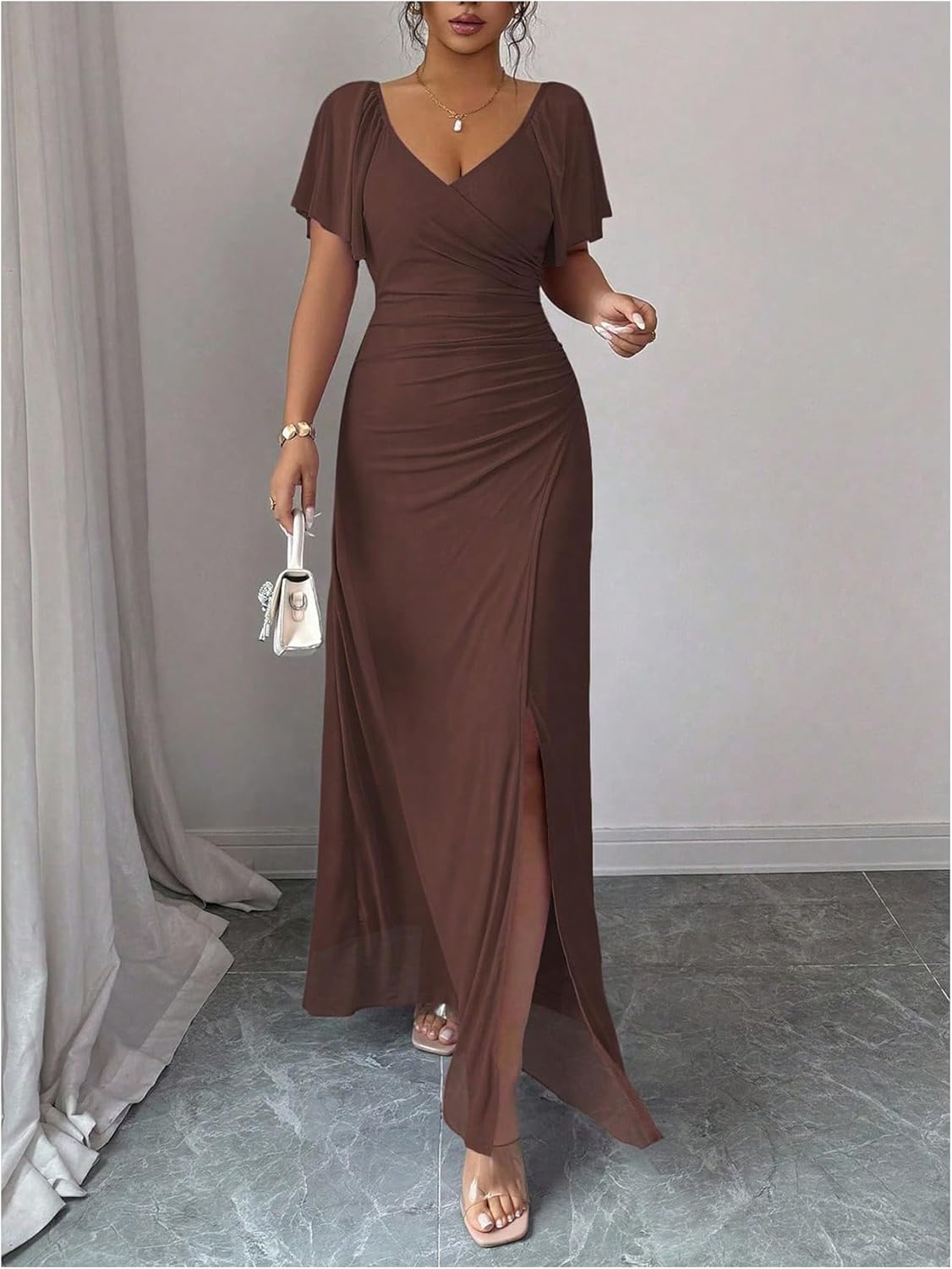 Women's Elegant Ruched Long Dress Split Thigh V Neck Short Sleeve Cocktail Dress Going Out Maxi Dresses - Image 5