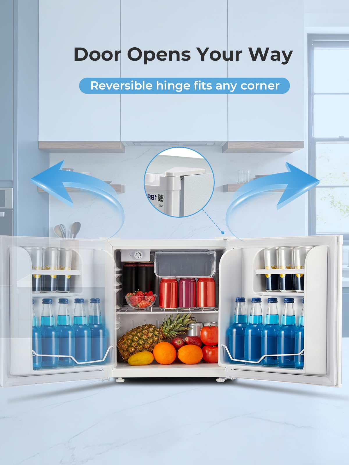 FOHERE Mini Kühlschrank 46L, Kleiner Kühlschrank mit 7-Stufige Kühlung, Energieeffizienter, Superleise, Wechselbarer Türanschlag & Verstellbare Füße, für Hotel, Büro, Kleine Wohnungen,Weiß